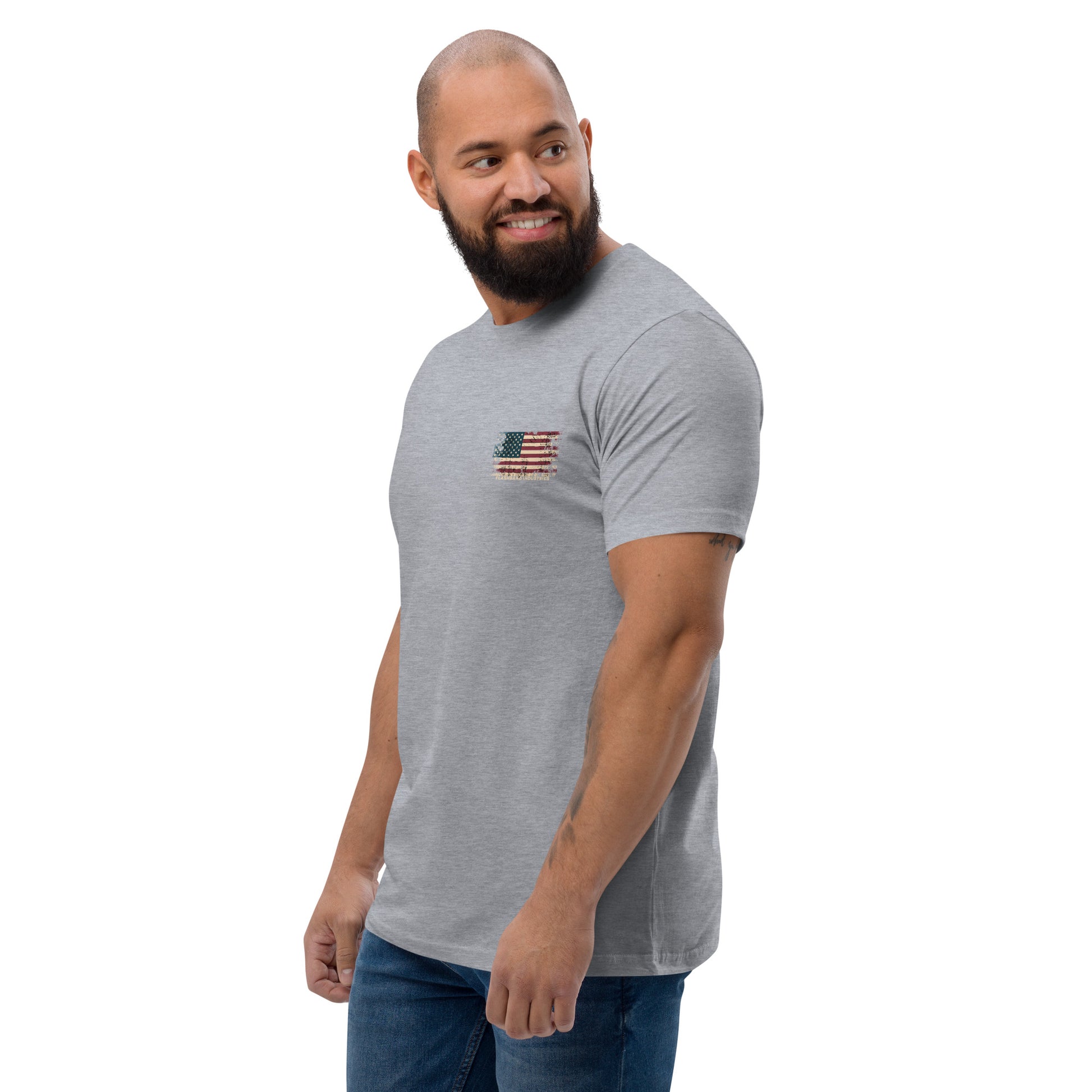 US Army T-shirt with USA flag and skull design. Operator T-shirt for men - Back View - Heather Grey - Model Guy