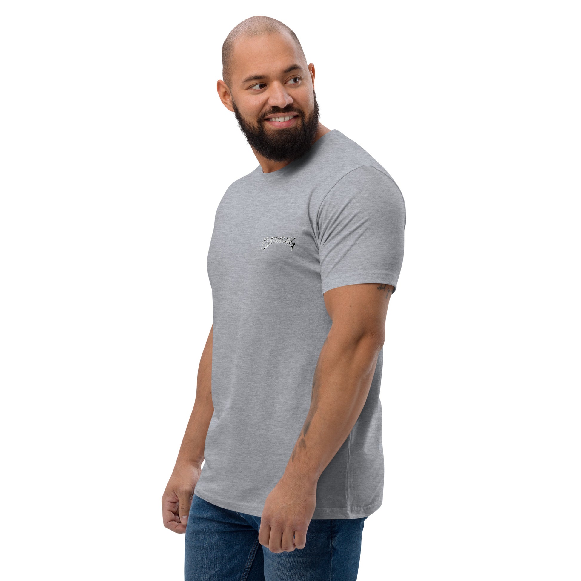 LA Lost Souls T-shirt with skeleton design, embodying streetwear LA style and honoring veterans - Side View - Heather Grey - Model Guy