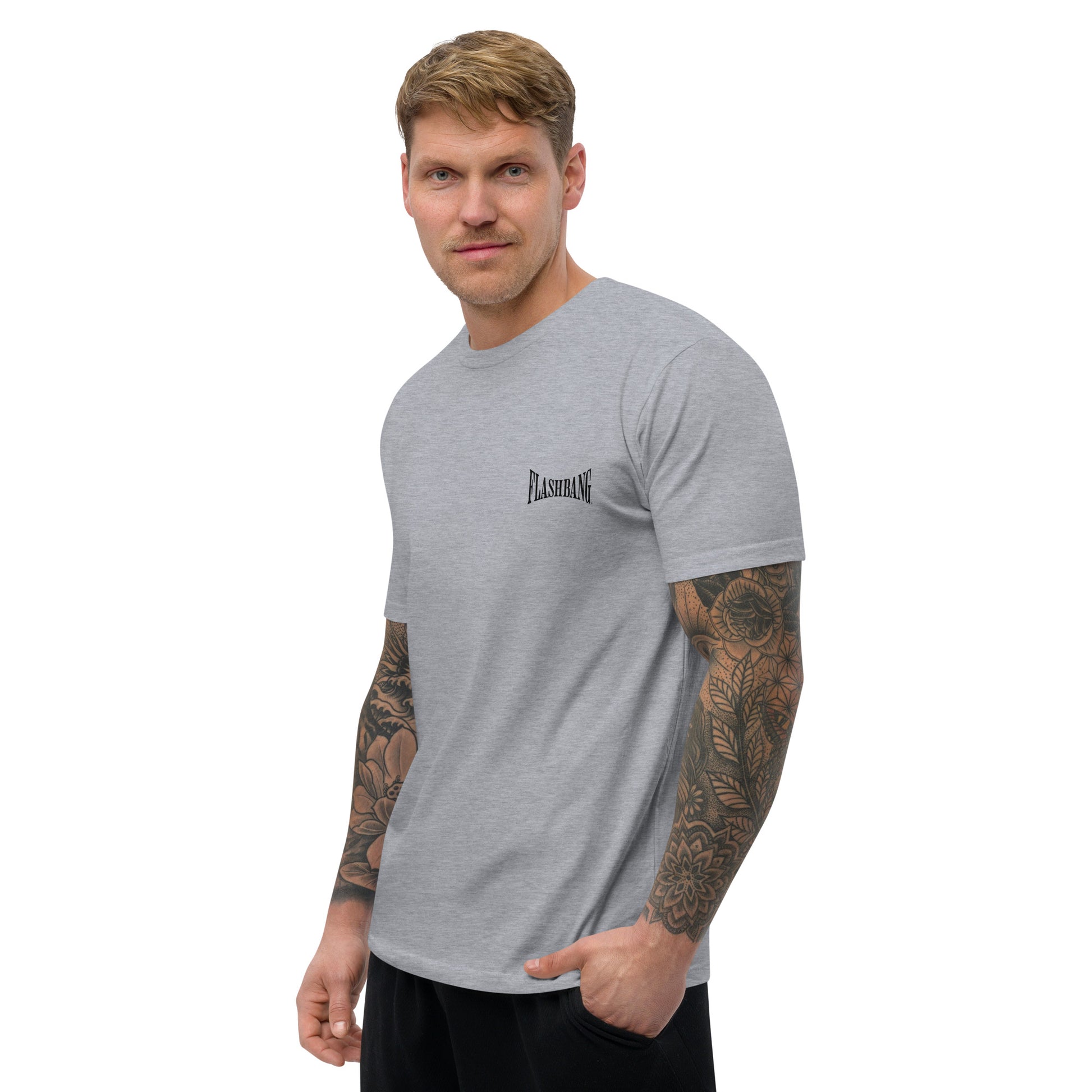 Authentic Black T-shirt with City of Angels letter graphic, black print tee design - rugged, durable, and made for daily wear - Side View - Heather Grey
