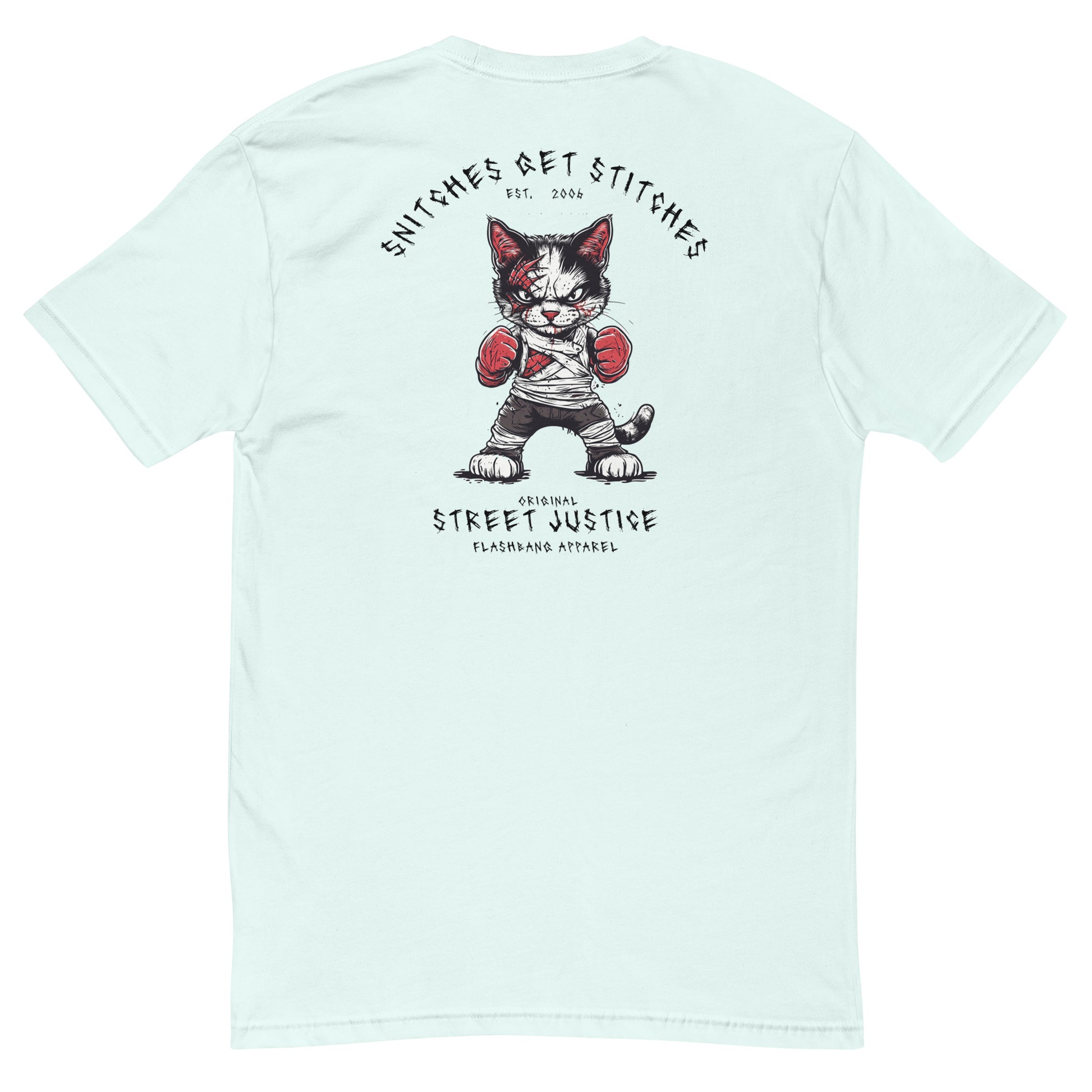 Snitches Get Stitches T-shirt featuring a street justice cat design, ideal for fans of cool cat t-shirts, boxing tees, and street cat shirts - Back View- Light Blue