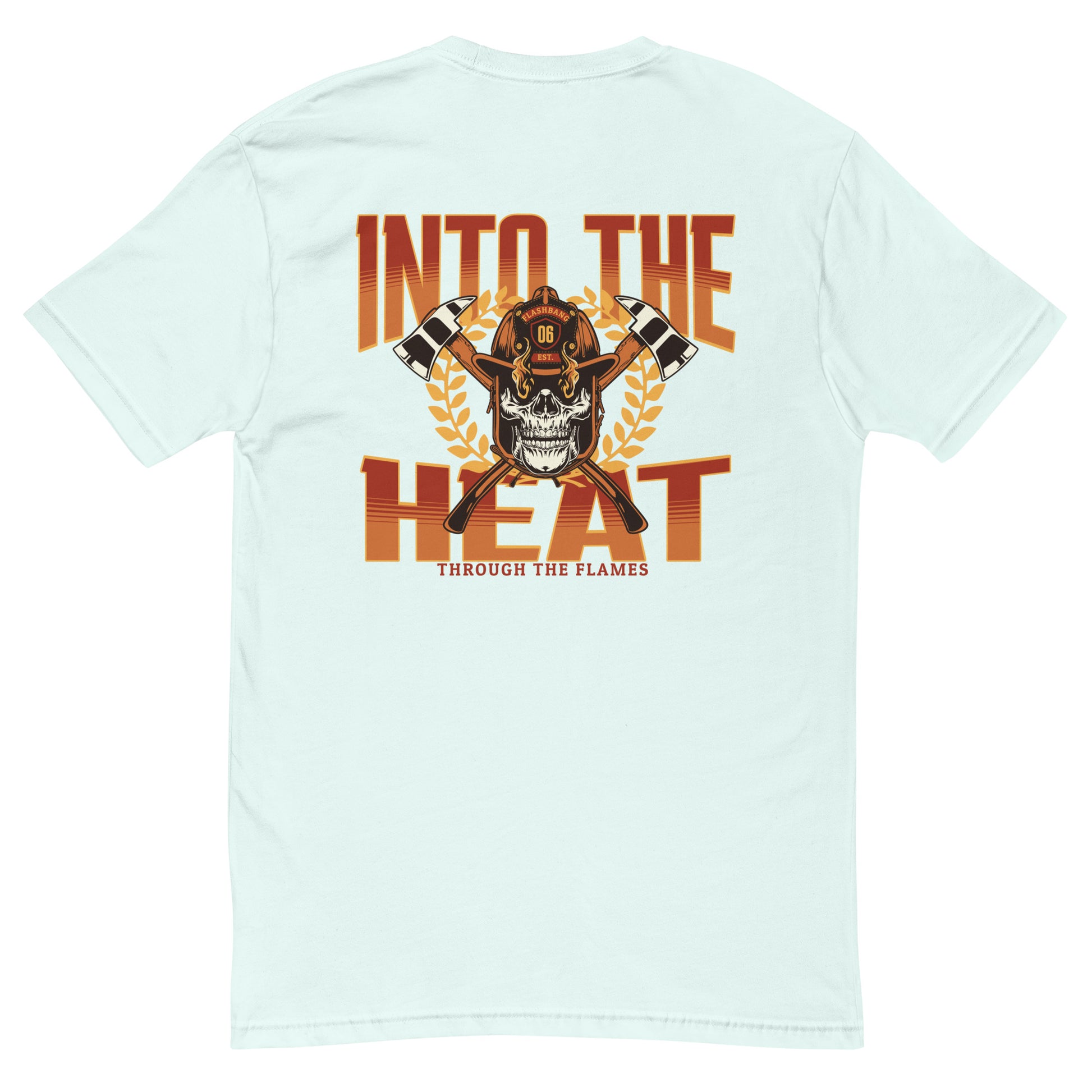 Into The Heat T-shirt with firefighter skull graphic, perfect for brave men who love firefighter apparel - Back View - Light Blue