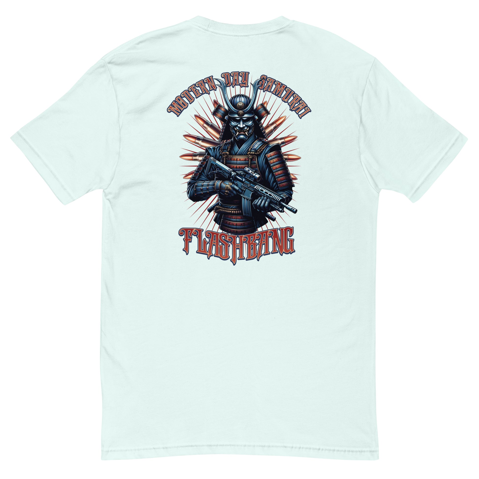 Modern Day Samurai T-shirt featuring a bold samurai graphic, designed for men who admire samurai culture and warrior strength - Back View - Light Blue