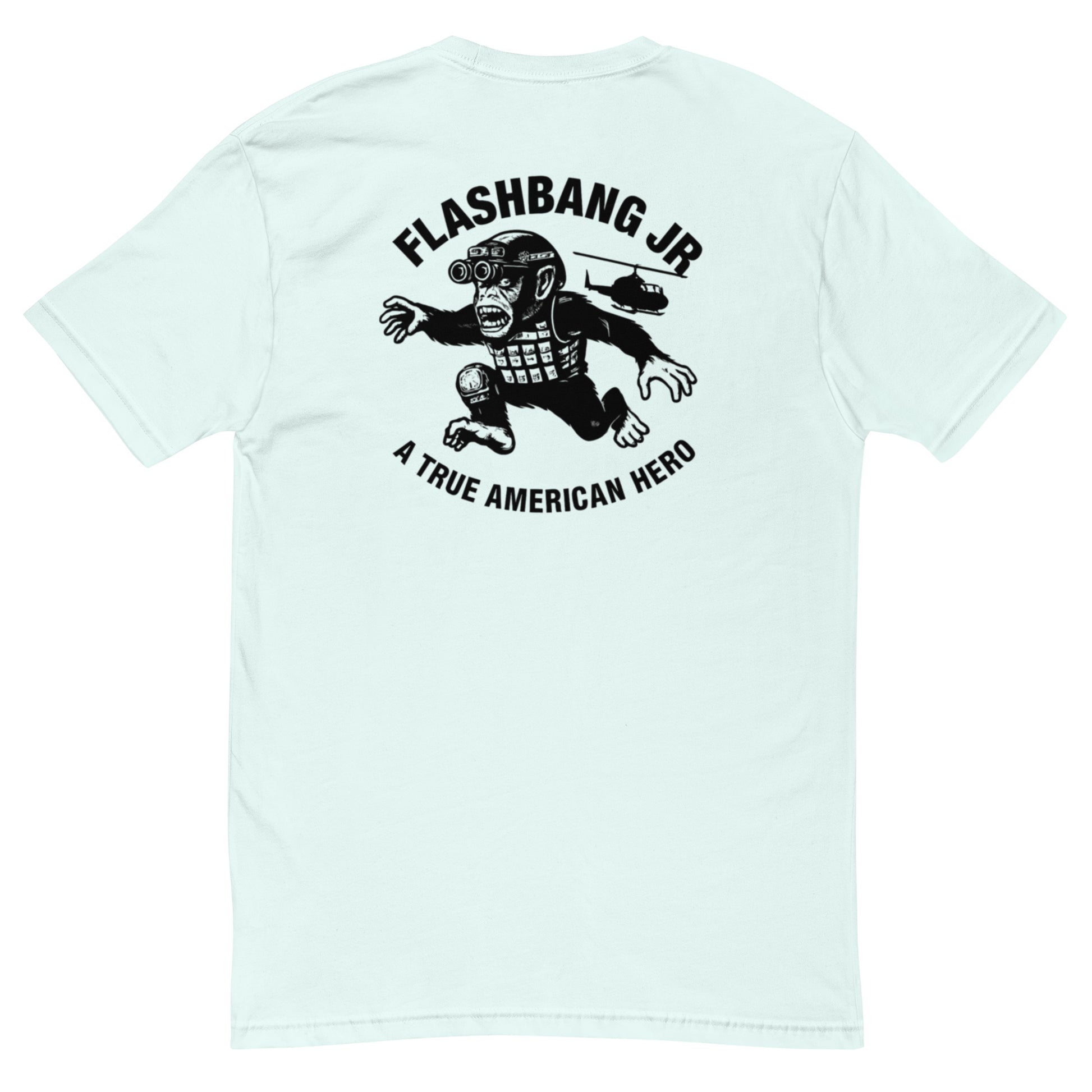 A True American Hero Lite T-shirt with a military monkey graphic, showcasing American heroism and pride in a lightweight, rugged design - Back  View - Light Blue