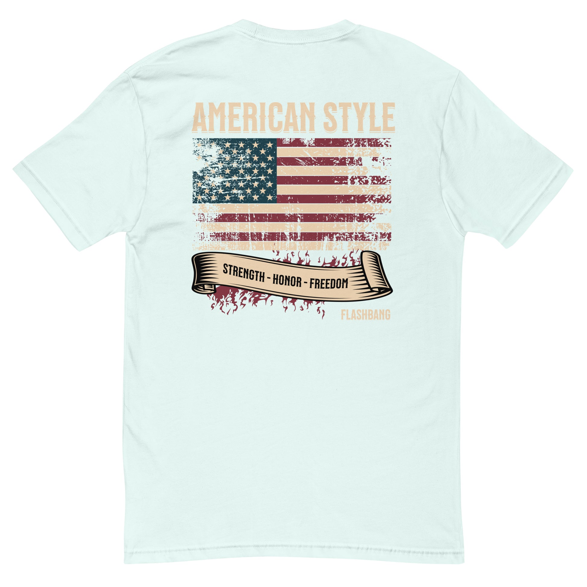American Style T-shirt featuring USA flag and Strength Honor Freedom message, designed for veterans and patriots - Back View - Light Blue