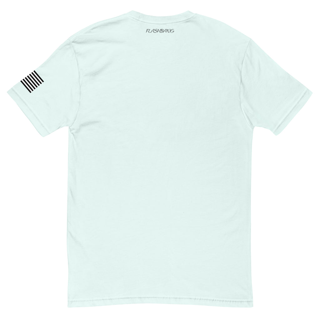Stay Humble T-shirt with black writing with american flag on sleeve - Back View - Light Blue