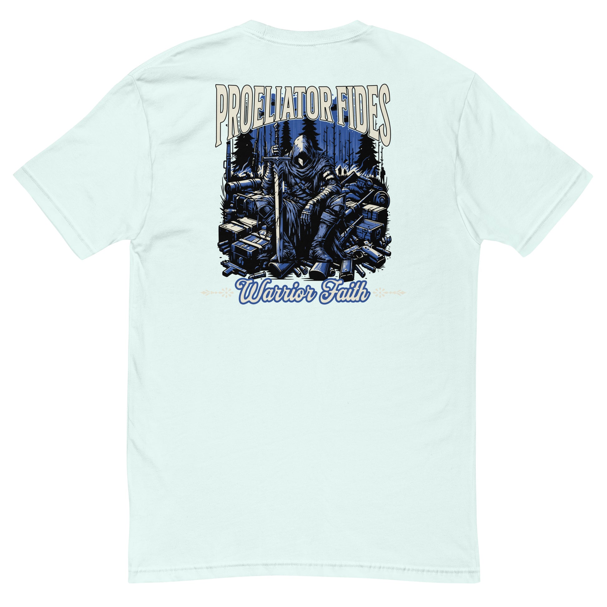 Warrior Faith T-shirt featuring a fighter graphic, symbolizing strength, resilience, and honor, perfect for veterans and those who serve - Back View - Light Blue