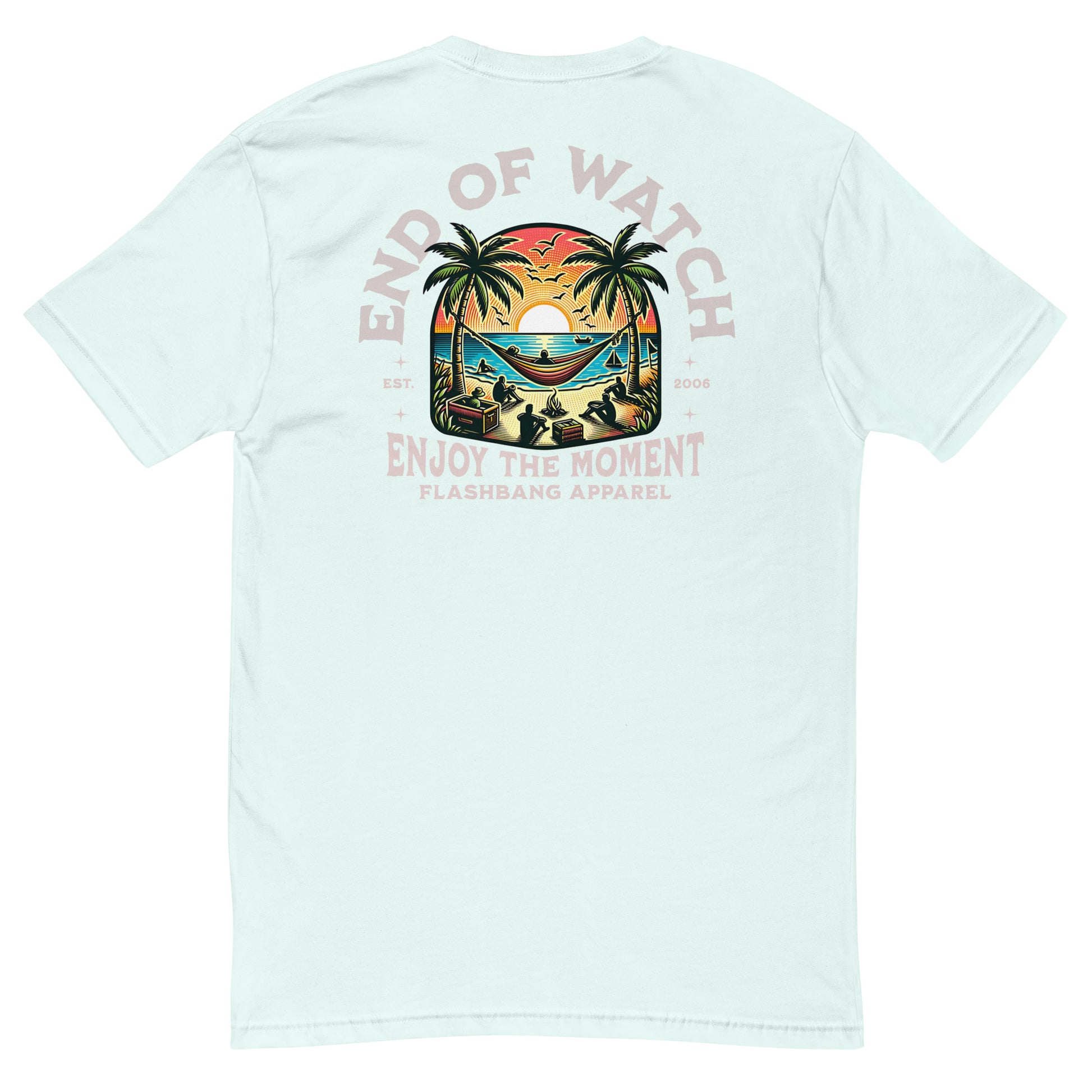 End of Watch T-shirt with palm tree design and summer beach vibes - Back View - Light Blue