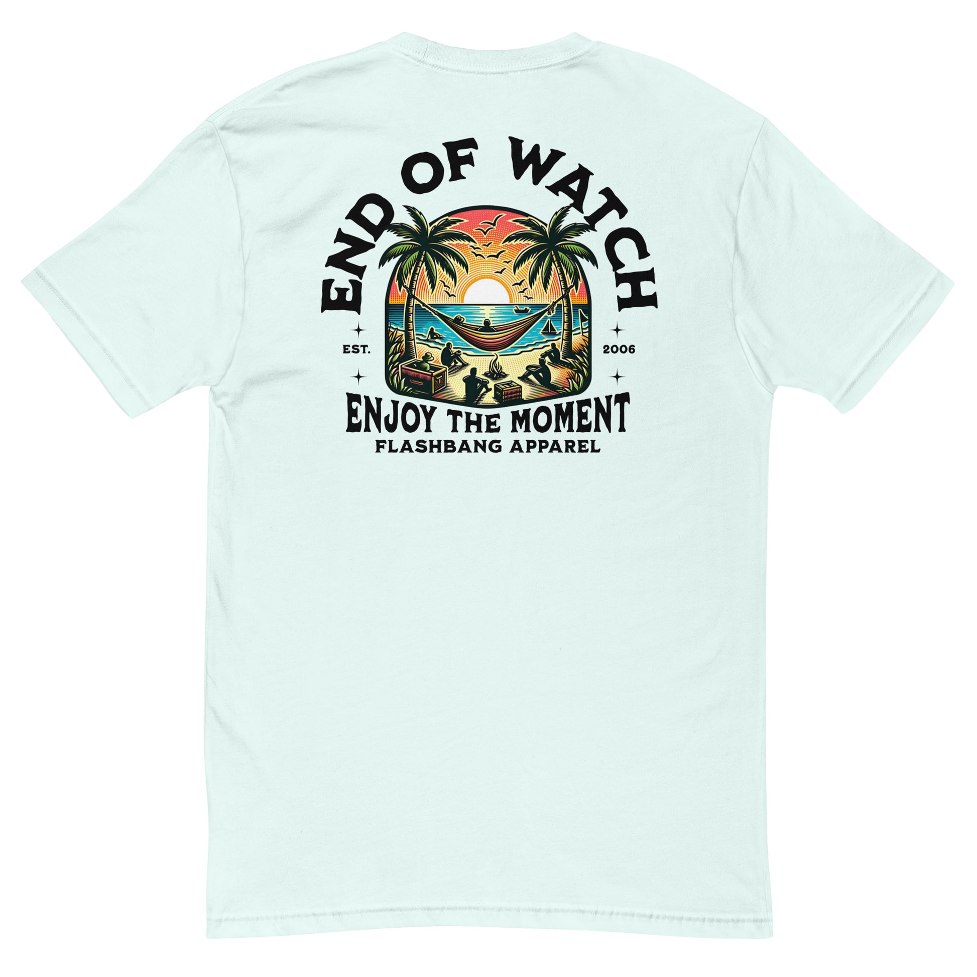 End of Watch Lite T-shirt featuring palm tree beach design - Back View - Light Blue