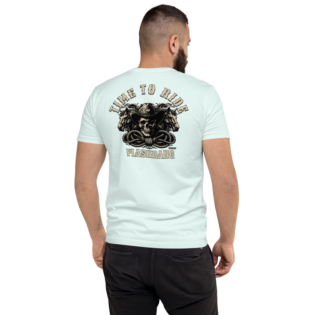 Time To Ride Lite T-shirt featuring a western cowboy skull design with horses and rope, rugged graphic for riders and patriots - Back View - Light Blue - Model Guy