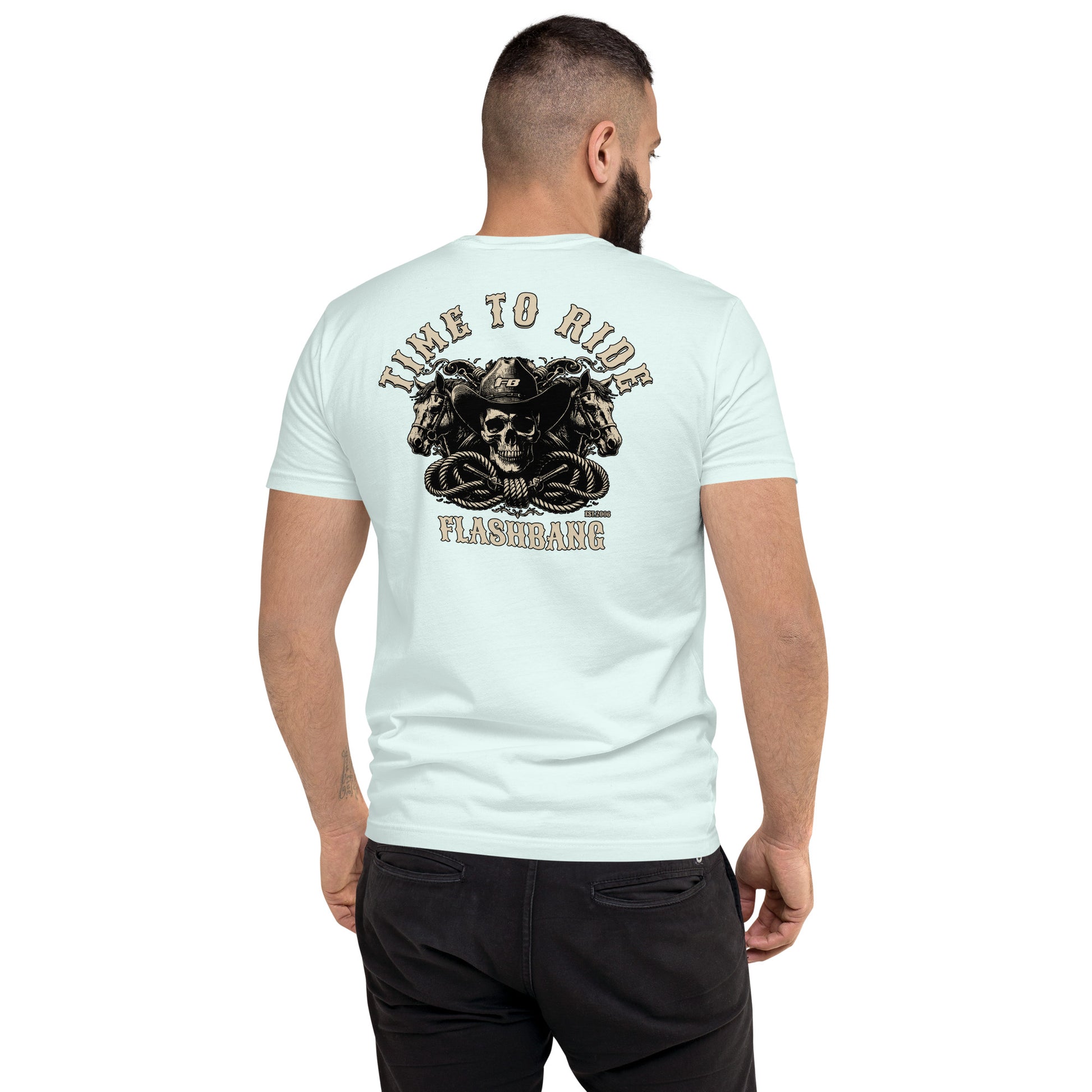 Time To Ride Lite T-shirt featuring a western cowboy skull design with horses and rope, rugged graphic for riders and patriots - Back View - Light Blue - Model Guy