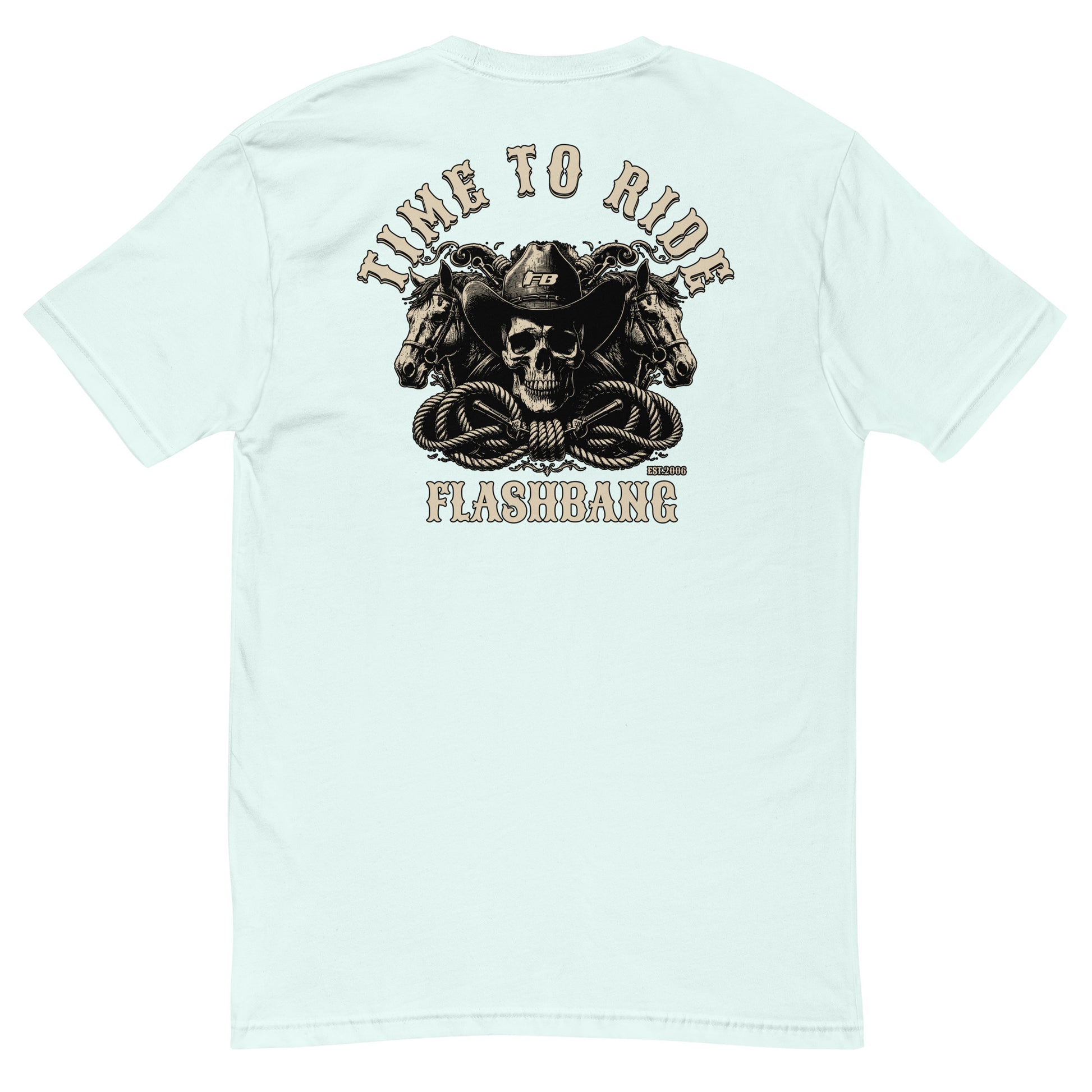Time To Ride Lite T-shirt featuring a western cowboy skull design with horses and rope, rugged graphic for riders and patriots - Back View - Light Blue