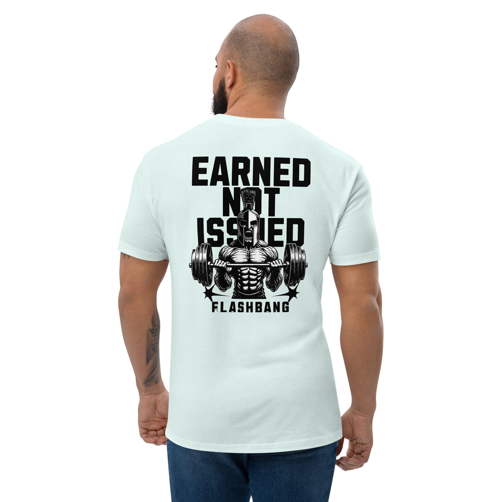 Earned Not Issued Lite T-shirt perfect for weightlifting and gym enthusiasts - Back View - Light Blue - Model Guy