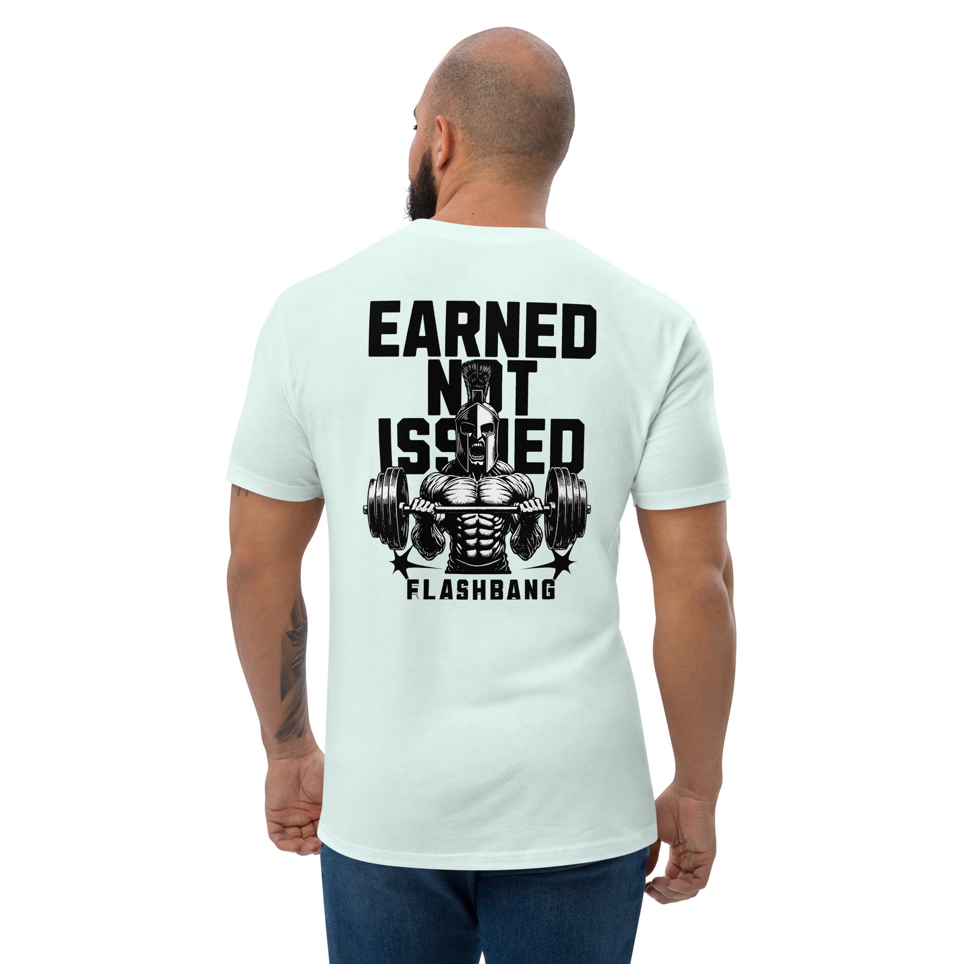 Earned Not Issued Lite T-shirt perfect for weightlifting and gym enthusiasts - Back View - Light Blue - Model Guy