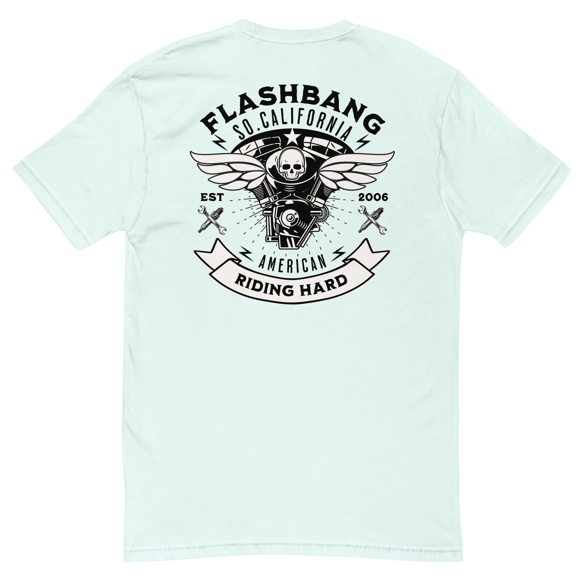 Riding Hard Lite T-Shirt featuring wing skull design, durable biker motorcycle t shirt and riding shirt for riders - Back View - Light Blue
