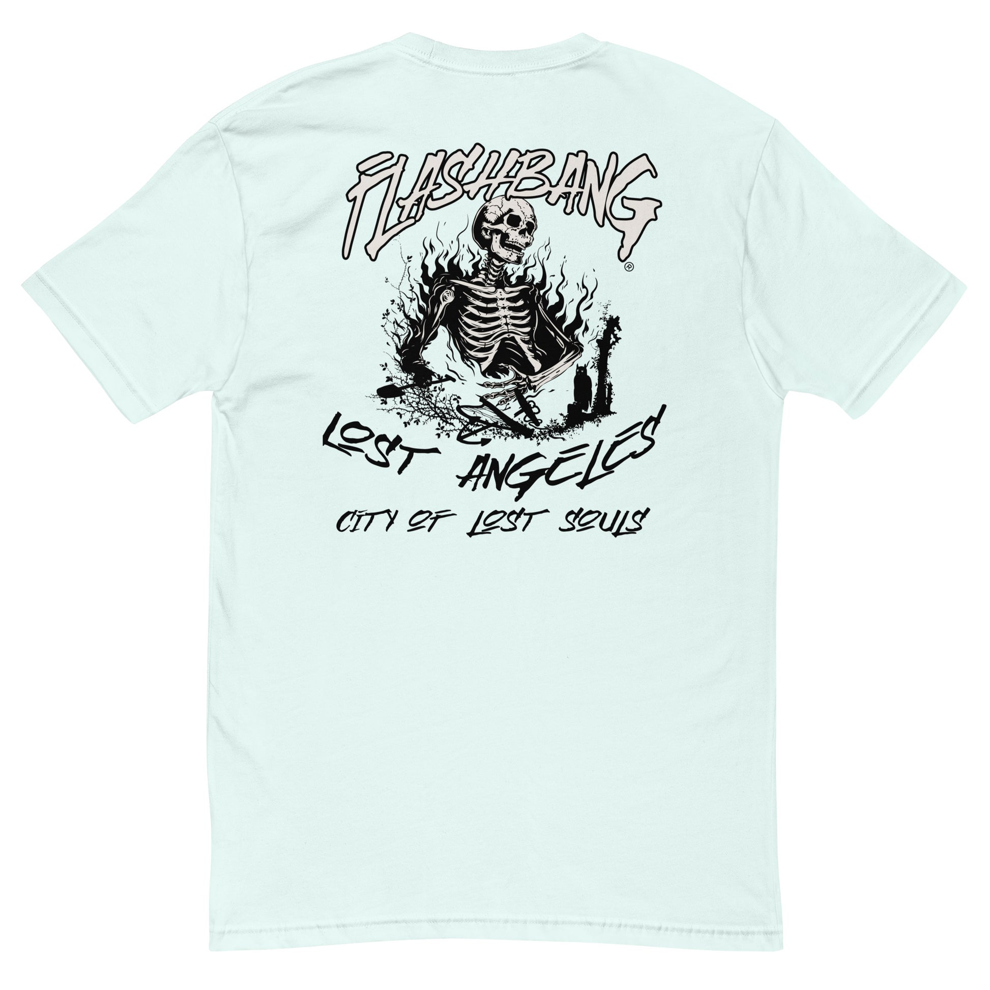 LA Lost Souls Lite T-shirt featuring skeleton designs, Los Angeles Text - Back View - Light Blue