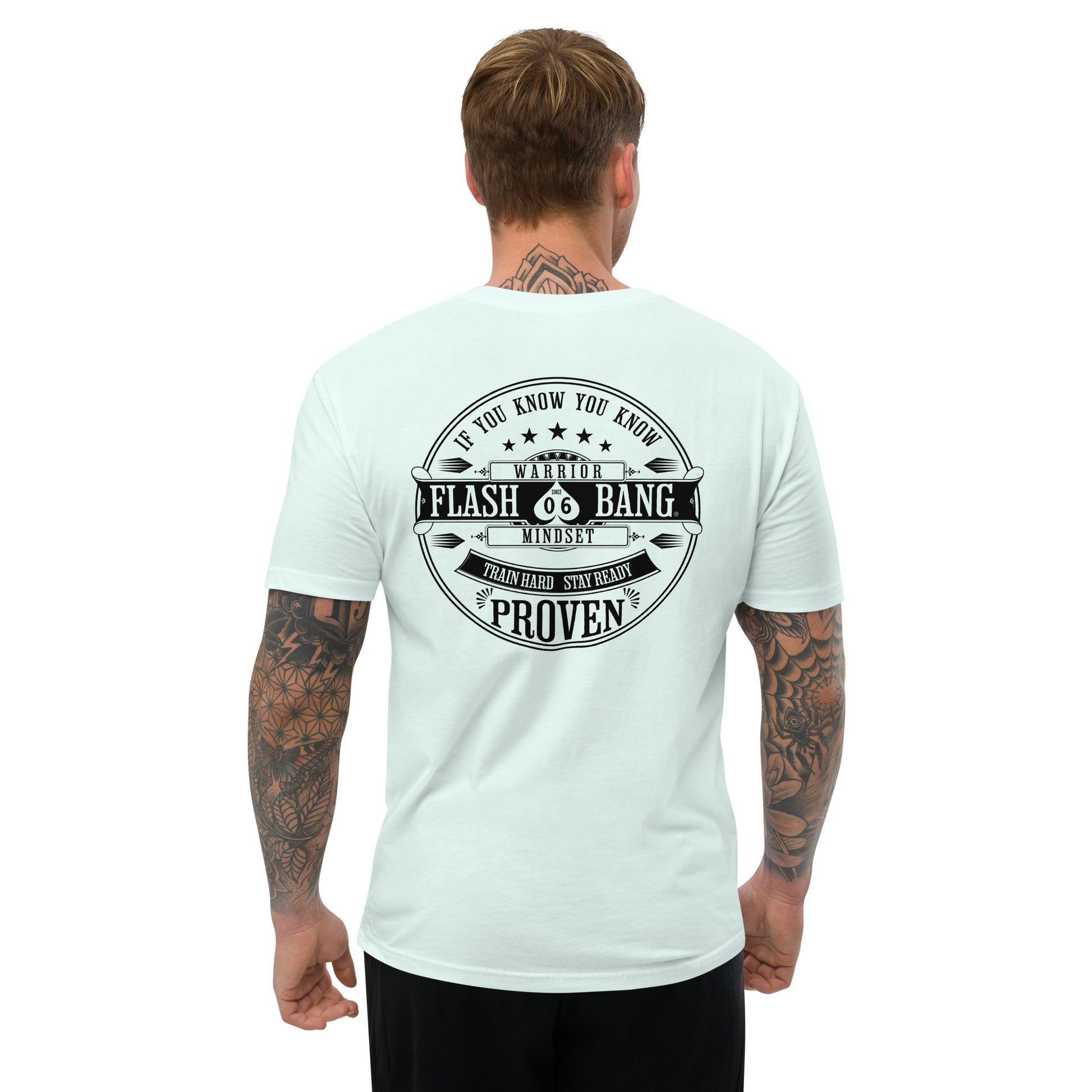 Train Hard Stay Ready Lite T-shirt featuring motivational shirt graphic design with train hard quotes - Back View- Light Blue  - Model Guy