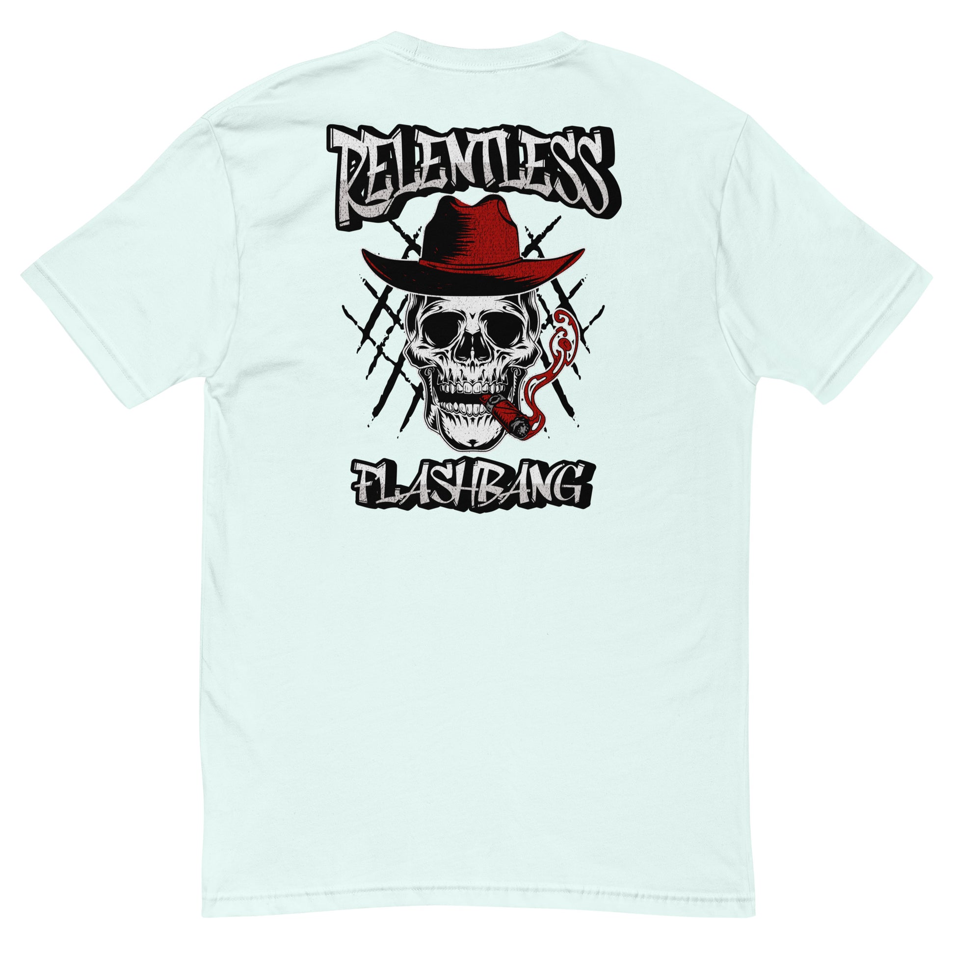 Relentless Lite T-shirt with skull graphic, men's skull tee designed for strength and pride - Back View - Light Blue