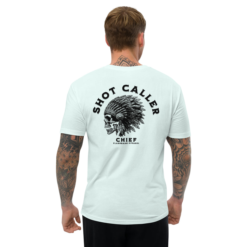Shot Caller Lite T-shirt with warrior skull design, tribal chiefs tee shirt, and ultimate warrior graphic for bold streetwear style - Back View - Light Blue - Model Guy