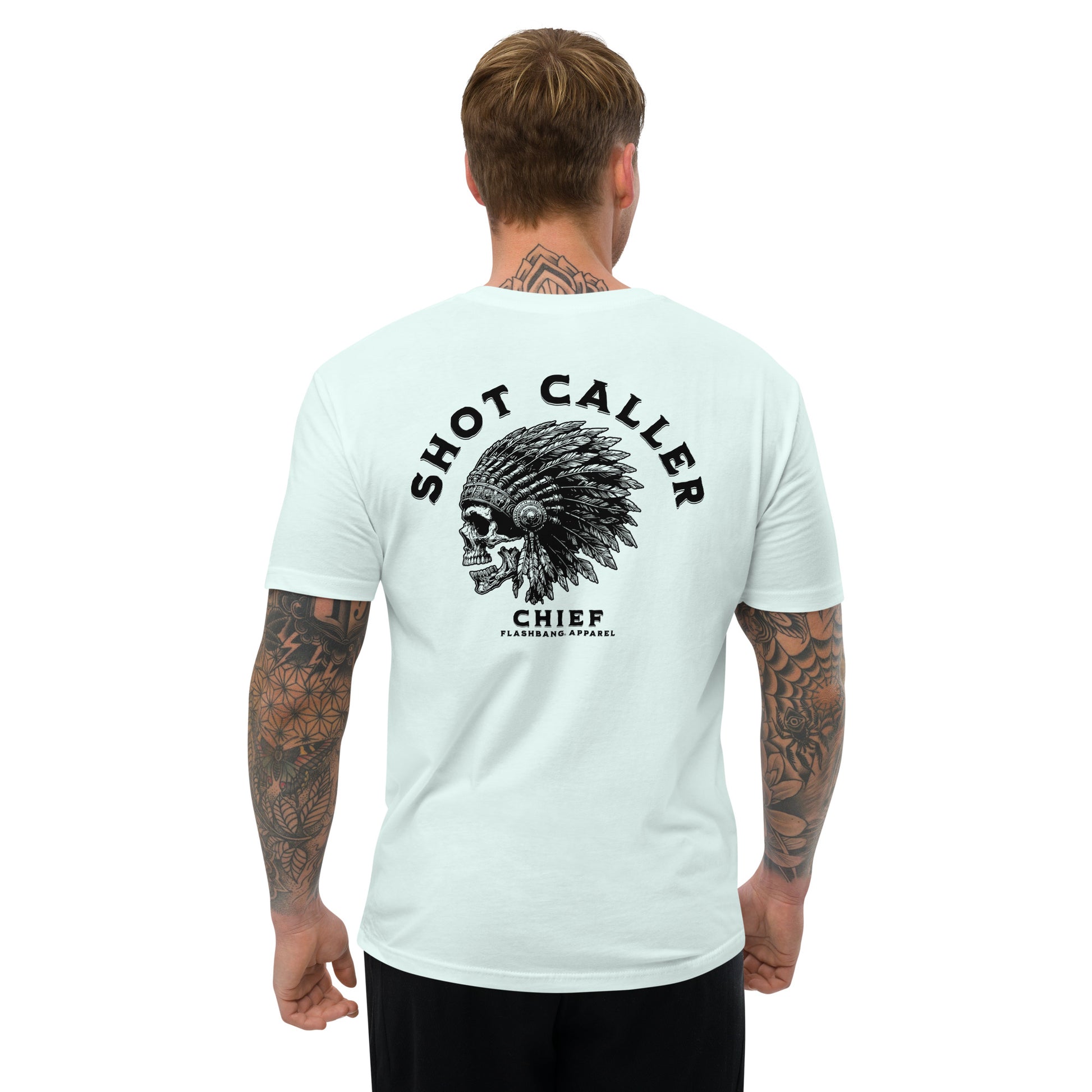 Shot Caller Lite T-shirt with warrior skull design, tribal chiefs tee shirt, and ultimate warrior graphic for bold streetwear style - Back View - Light Blue - Model Guy