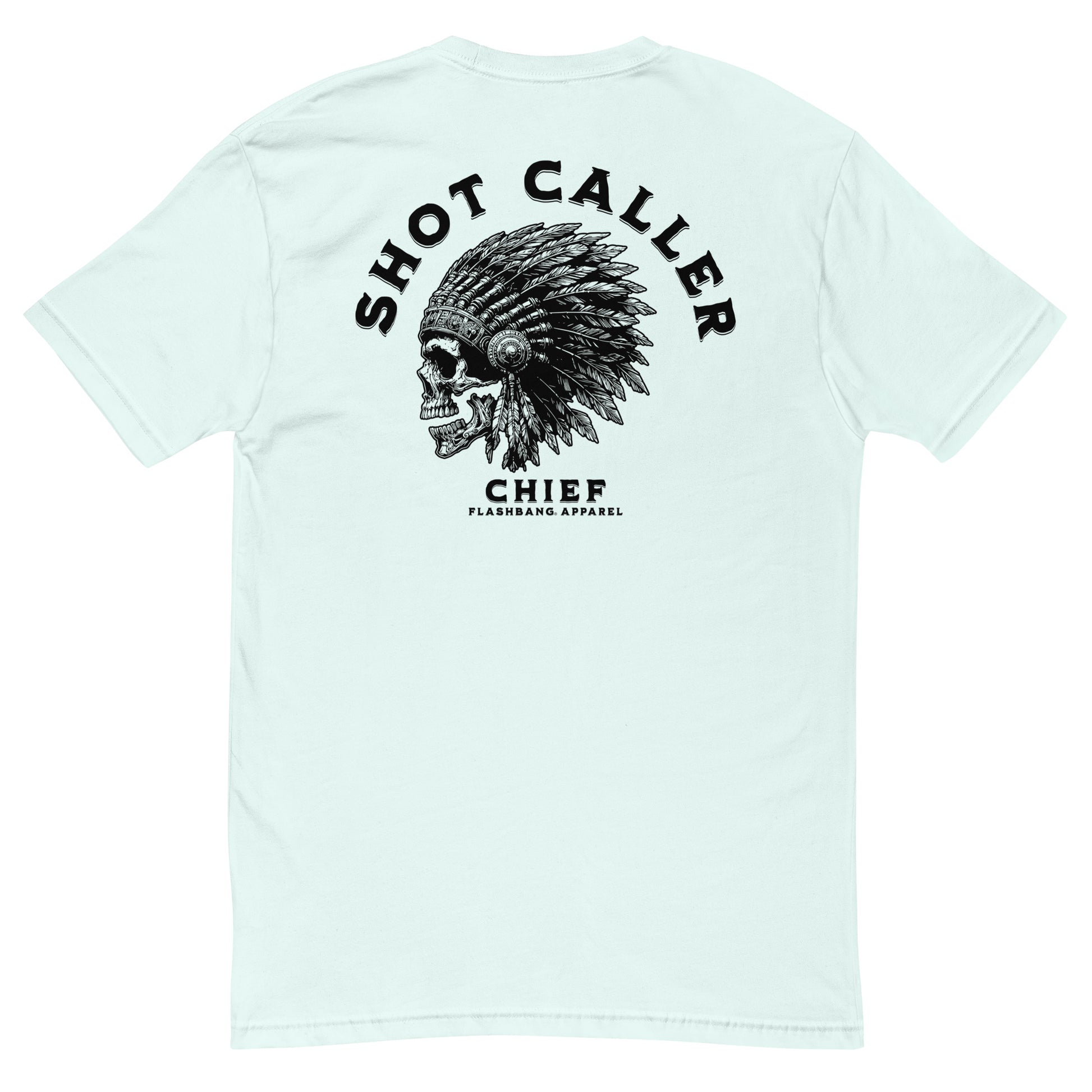 Shot Caller Lite T-shirt with warrior skull design, tribal chiefs tee shirt, and ultimate warrior graphic for bold streetwear style - Back View - Light Blue
