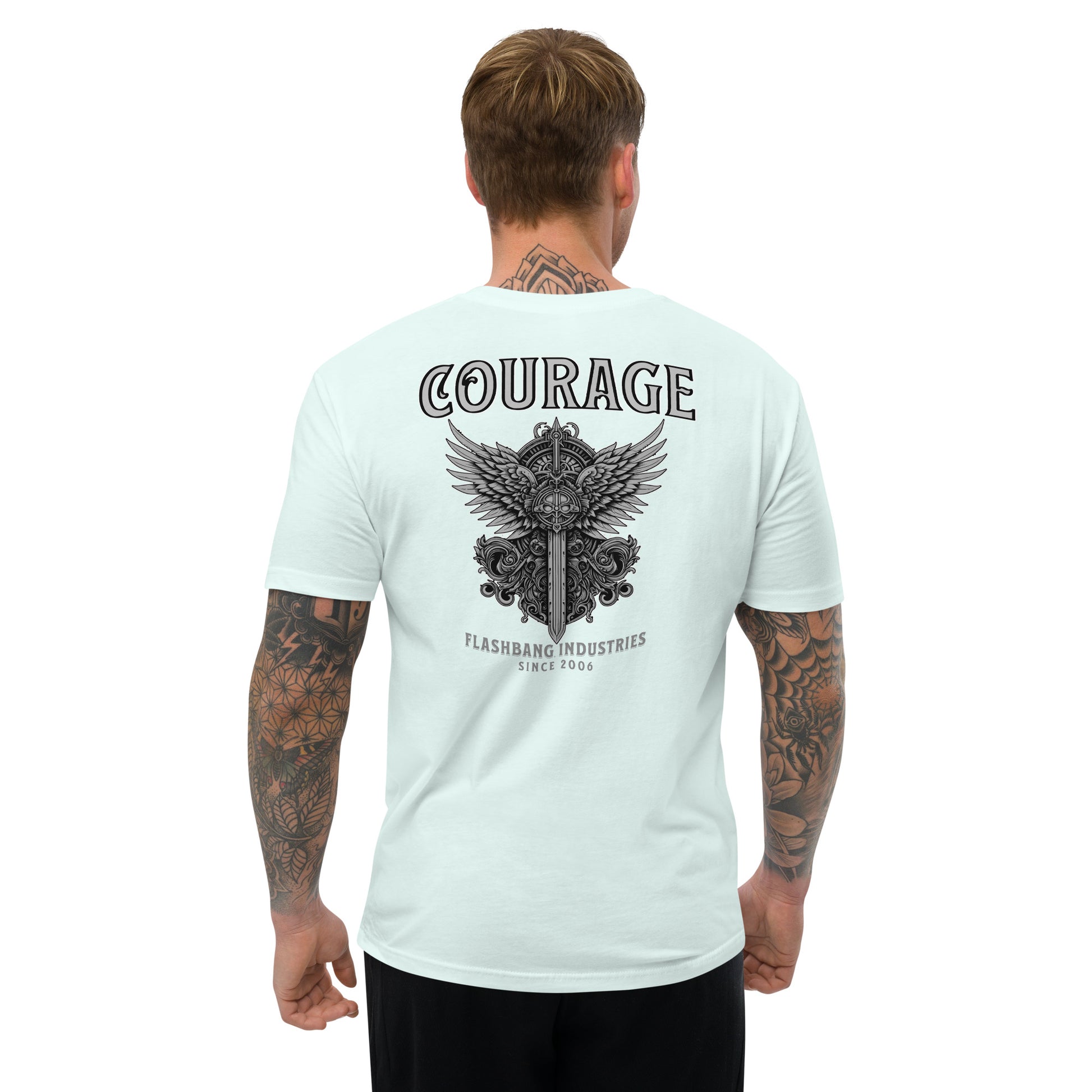 Courage T-shirt with sword and wings graphic, honoring brave soldiers - Back View - Light Blue - Model Guy