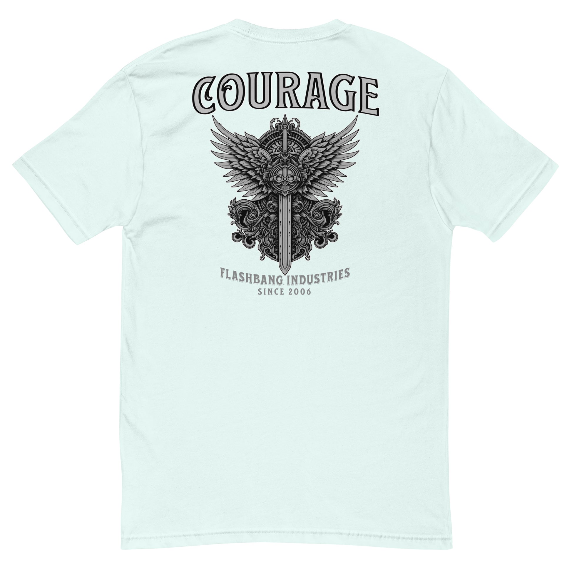 Courage T-shirt with sword and wings graphic, honoring brave soldiers - Back View - Light Blue