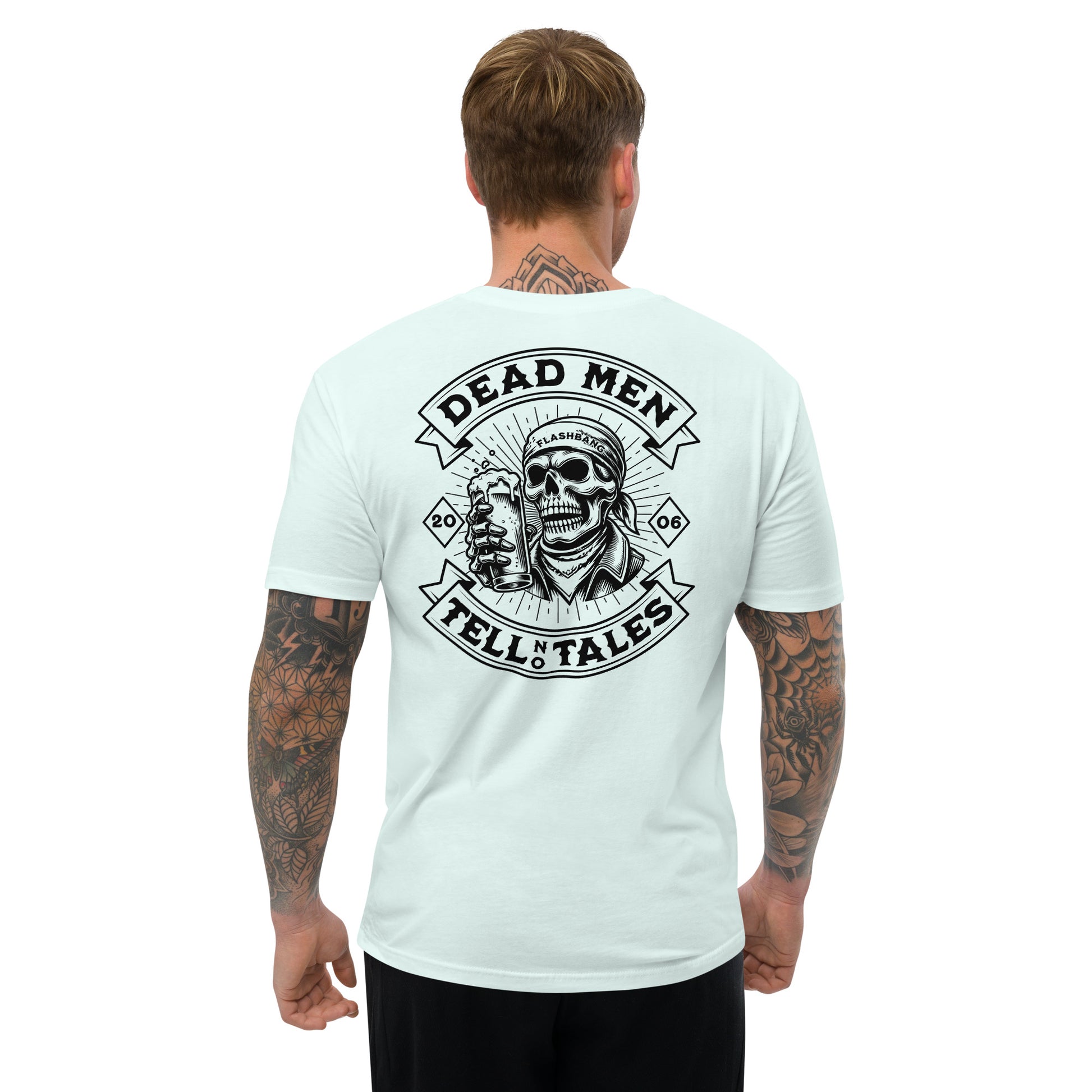 Dead Men Tell No Tales Lite T-shirt showcasing a skull and beer graphic - Back View - Light Blue - Model Guy