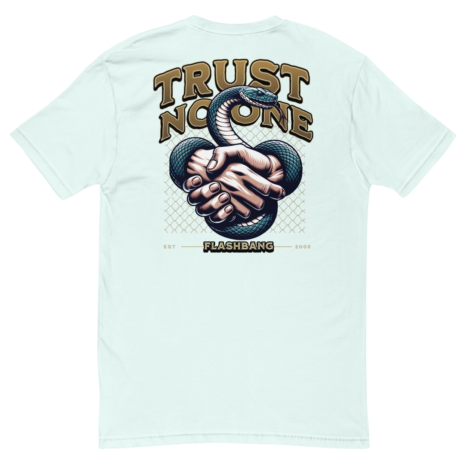 Trust No One T-shirt with bold graphic design featuring a snake and handshake - Back View - Light Blue