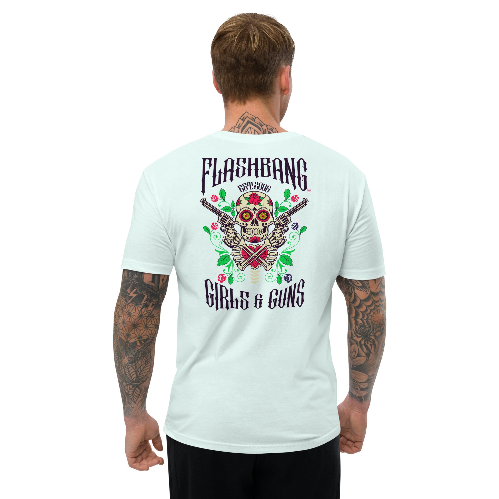 Gun and Roses T-shirt featuring a floral skull and guns design - Back View - Light Blue - Model Guy