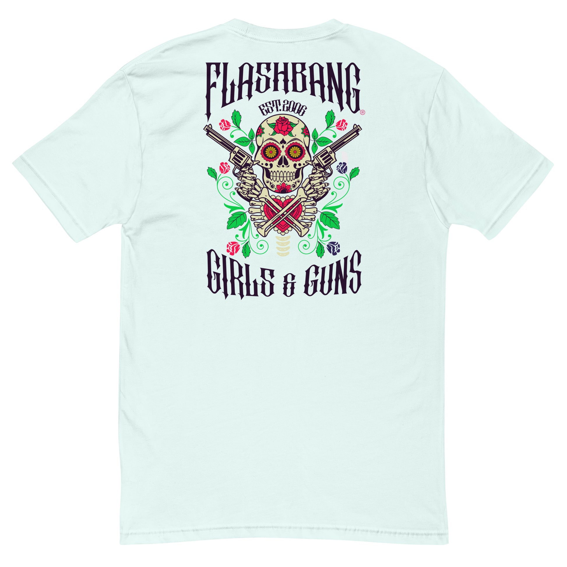 Gun and Roses T-shirt featuring a floral skull and guns design - Back View - Light Blue