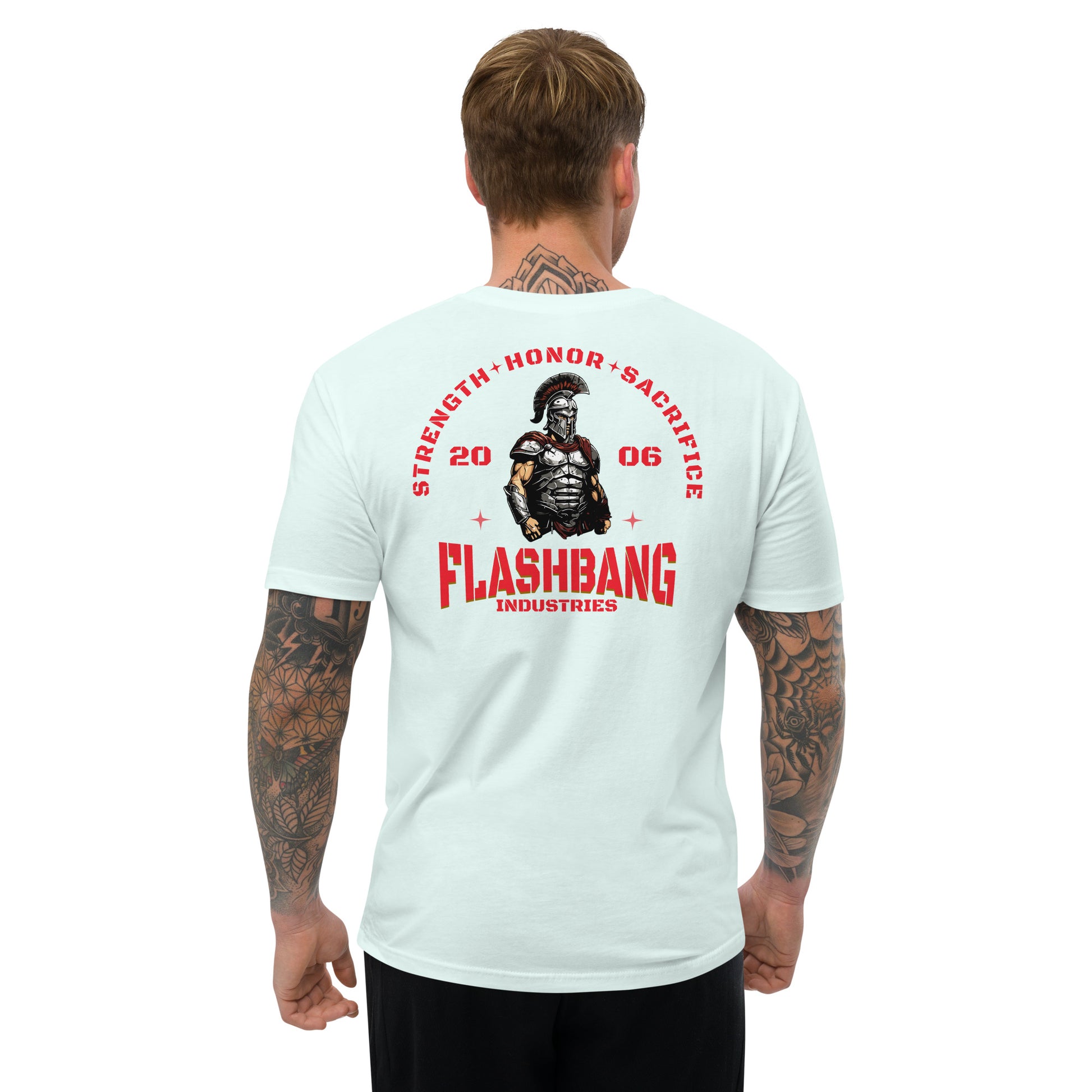 Strength Honor Sacrifice Lite T-shirt featuring warrior, spartan, and gladiator design for men who value strength, honor, and sacrifice - Back View - Light Blue - Model Guy