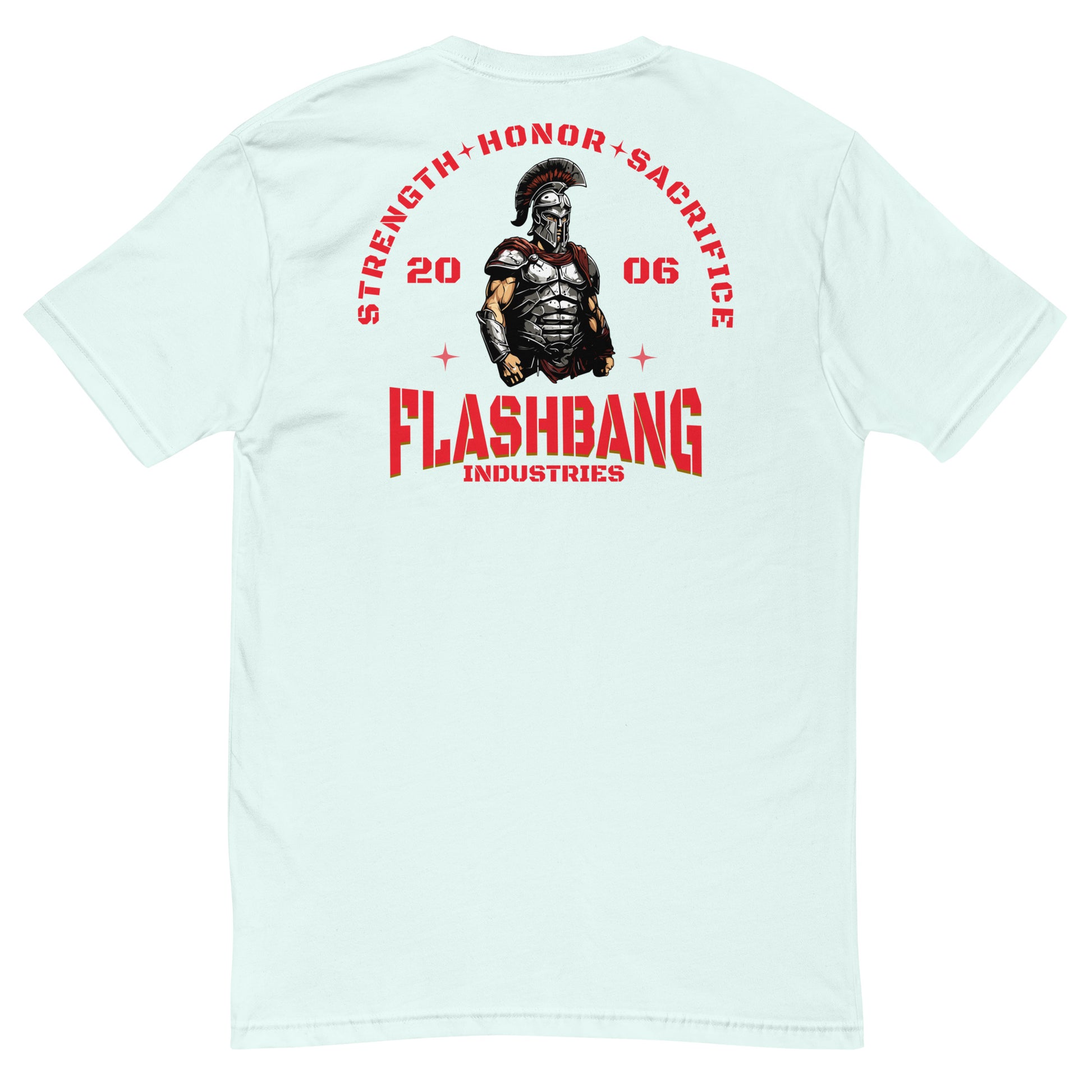 Strength Honor Sacrifice Lite T-shirt featuring warrior, spartan, and gladiator design for men who value strength, honor, and sacrifice - Back View - Light Blue