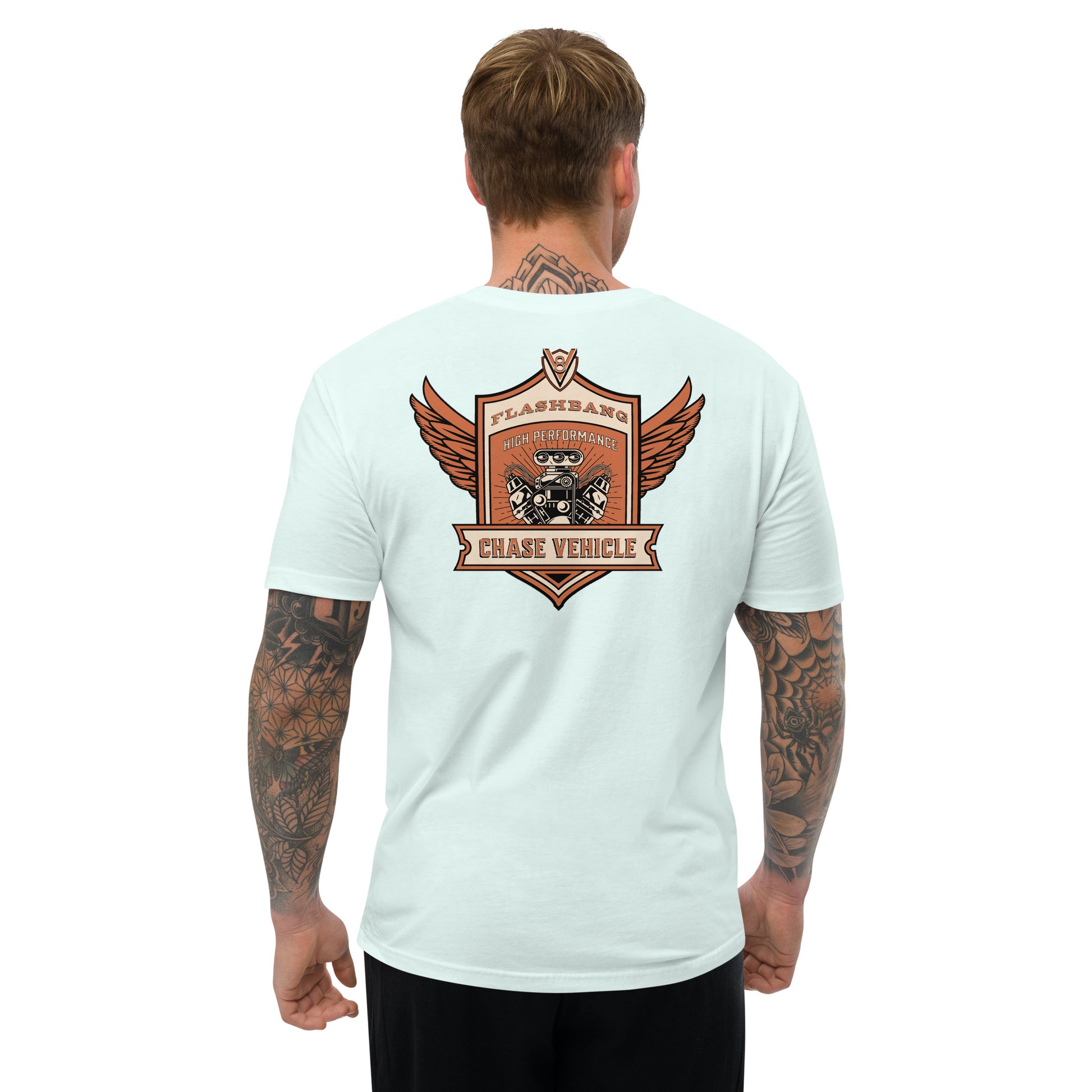 Chase Vehicle Lite T-shirt, police-inspired design symbolizing duty and pride - Back View - Light Blue - Model Guy