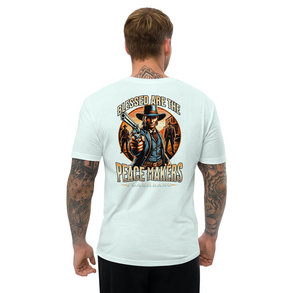 Blessed are the Peacemakers Lite T-shirt with Western design, honoring those who serve and protect with strength and pride - Back View - Light Blue - Model Guy