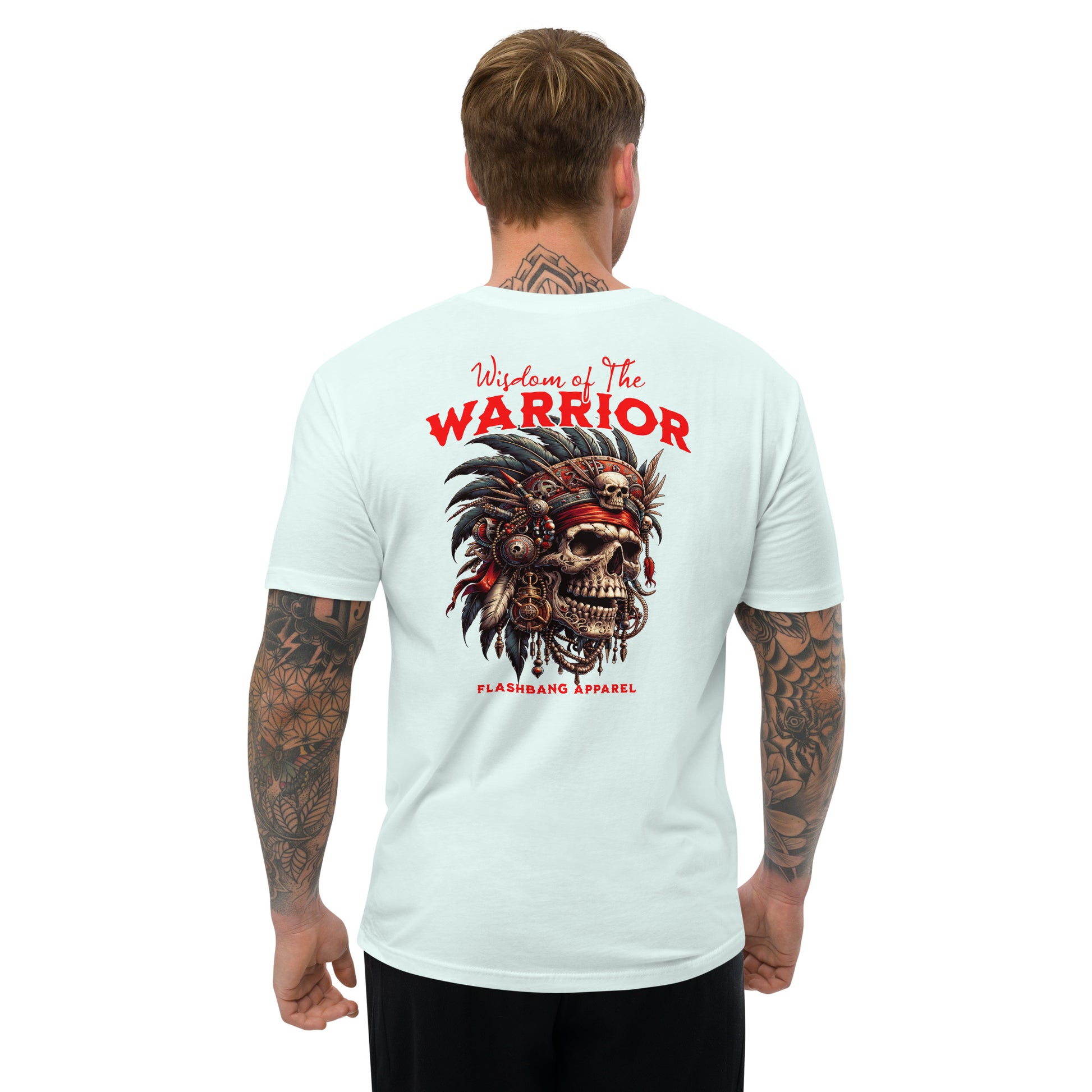 Graphic t-shirt featuring a tribal warrior skull with feathers, gothic design - Back View - Light Blue - Model Guy