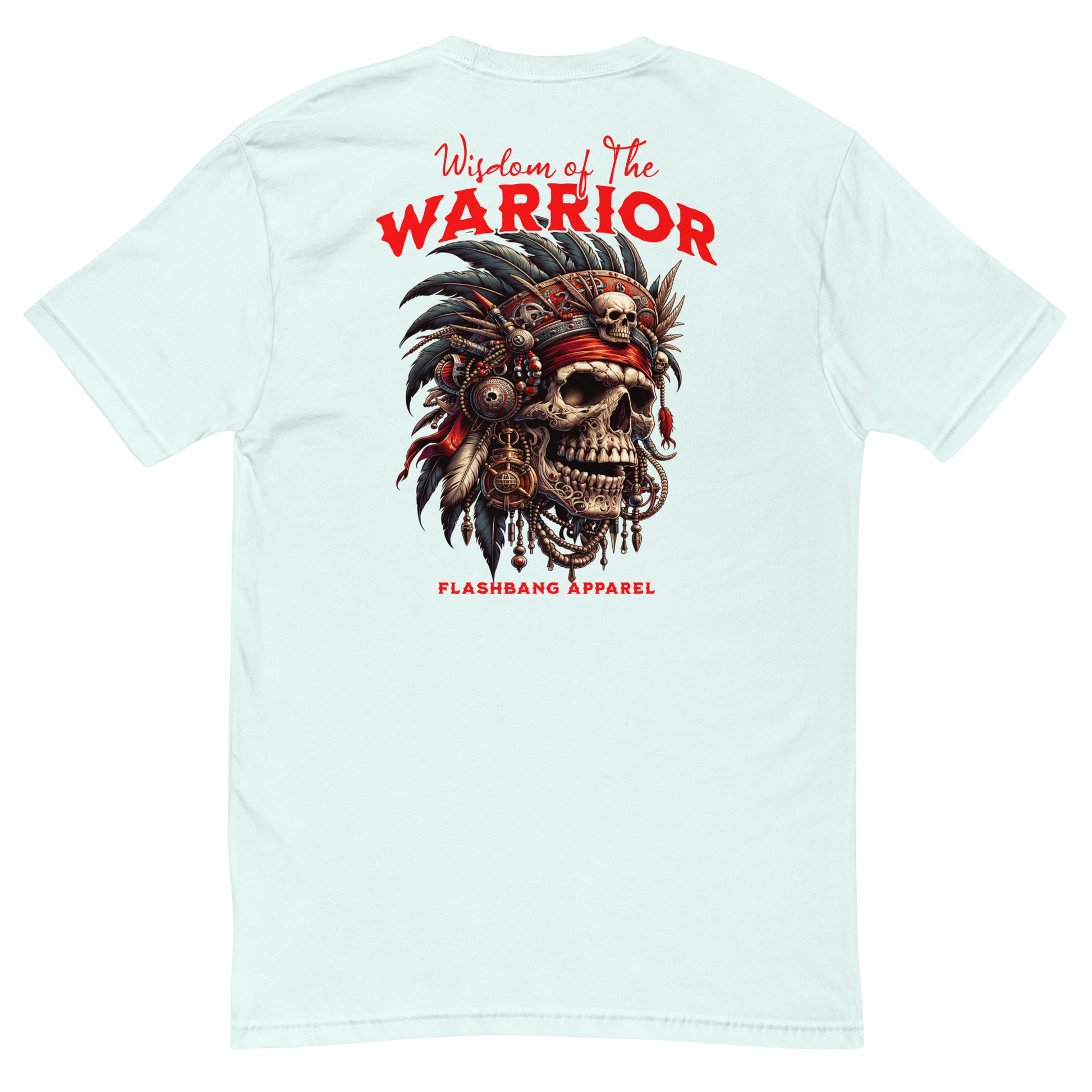 Graphic t-shirt featuring a tribal warrior skull with feathers, gothic design - Back View - Light Blue