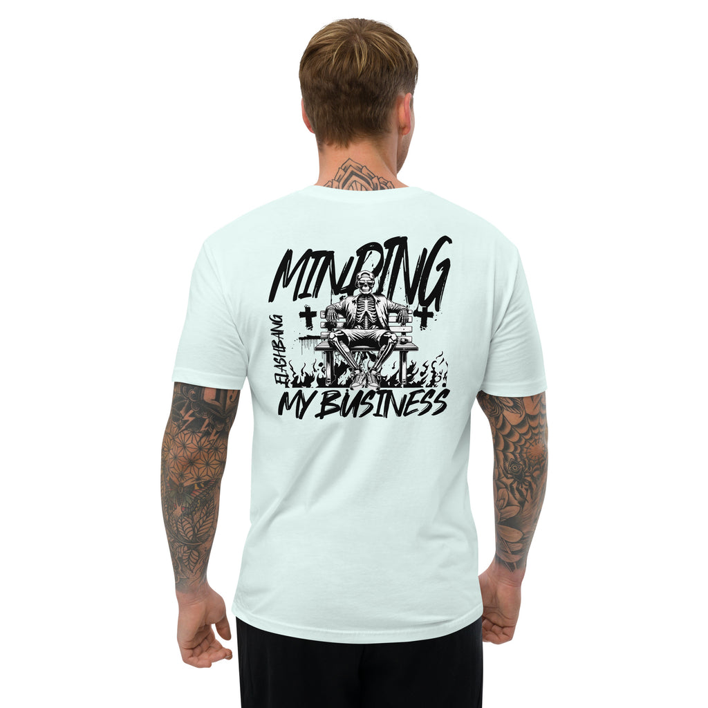 Minding My Business Lite T-shirt with a skeleton graphic and humorous quote - Back View - Light Blue- Model Guy