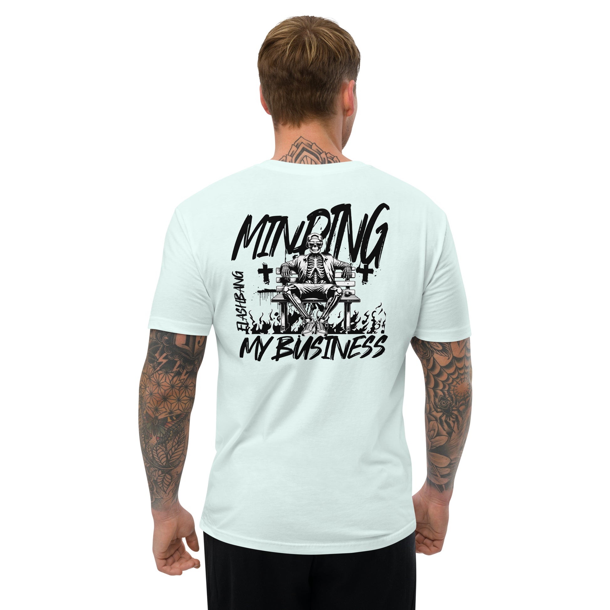 Minding My Business Lite T-shirt with a skeleton graphic and humorous quote - Back View - Light Blue- Model Guy