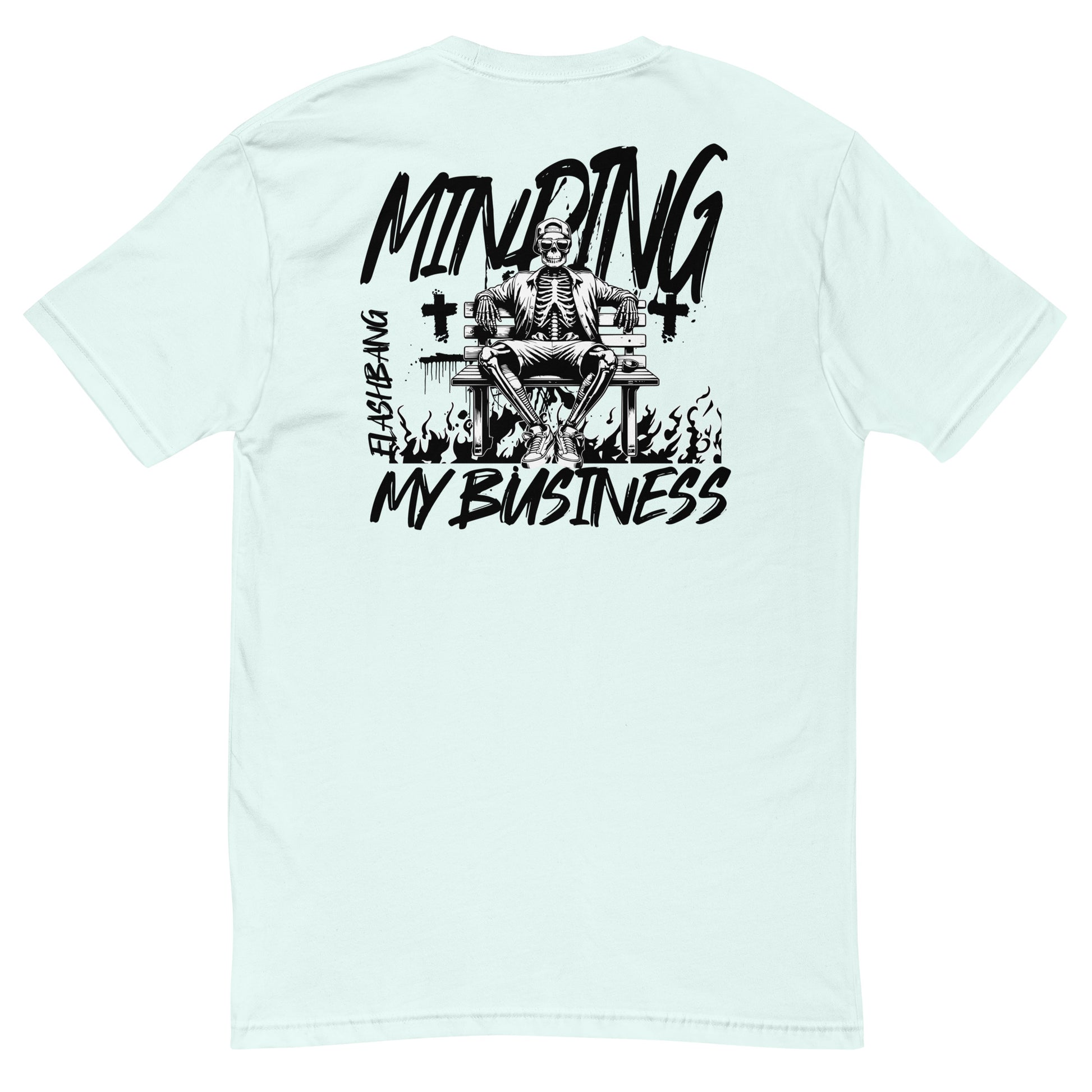 Minding My Business Lite T-shirt with a skeleton graphic and humorous quote - Back View - Light Blue