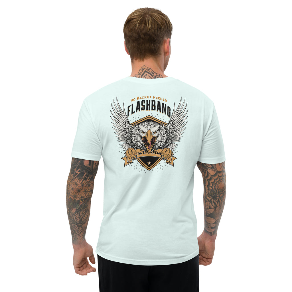 No Backup Needed Lite T-shirt featuring American eagle design - Back View - Light Blue - Model Guy
