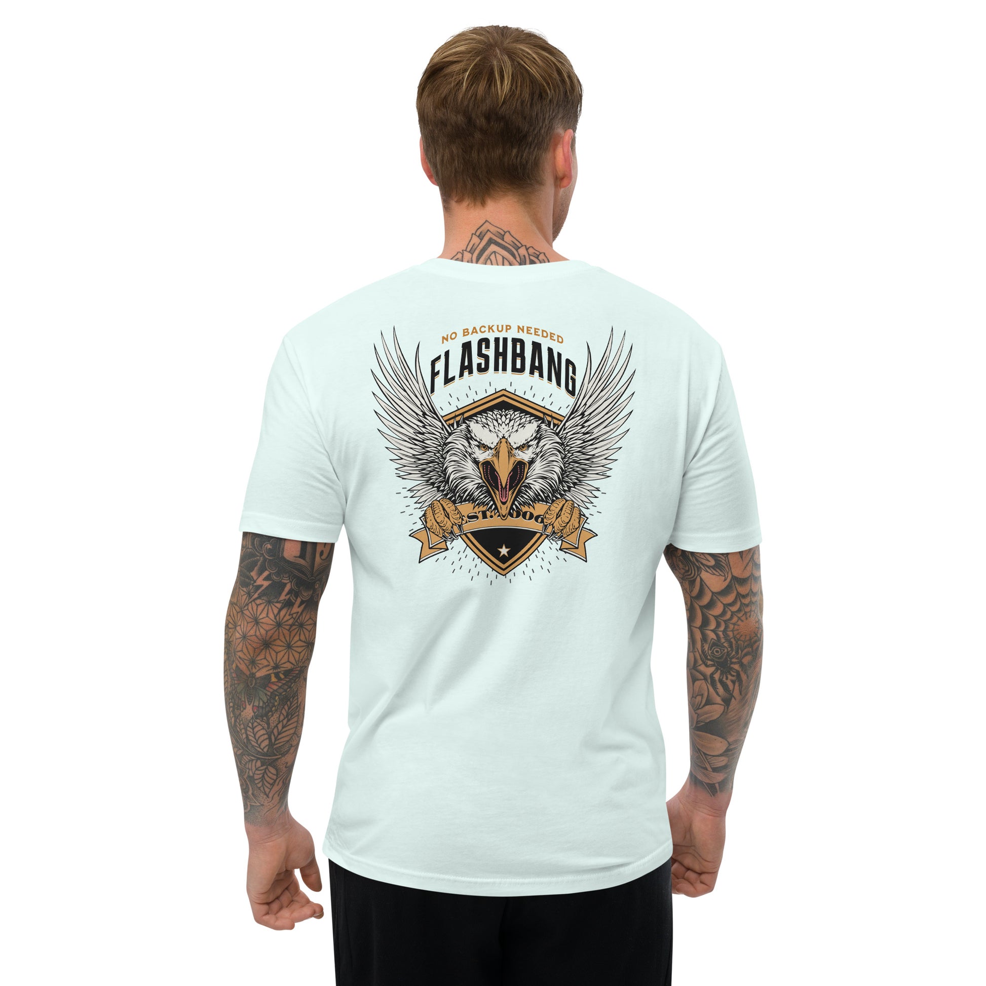 No Backup Needed Lite T-shirt featuring American eagle design - Back View - Light Blue - Model Guy