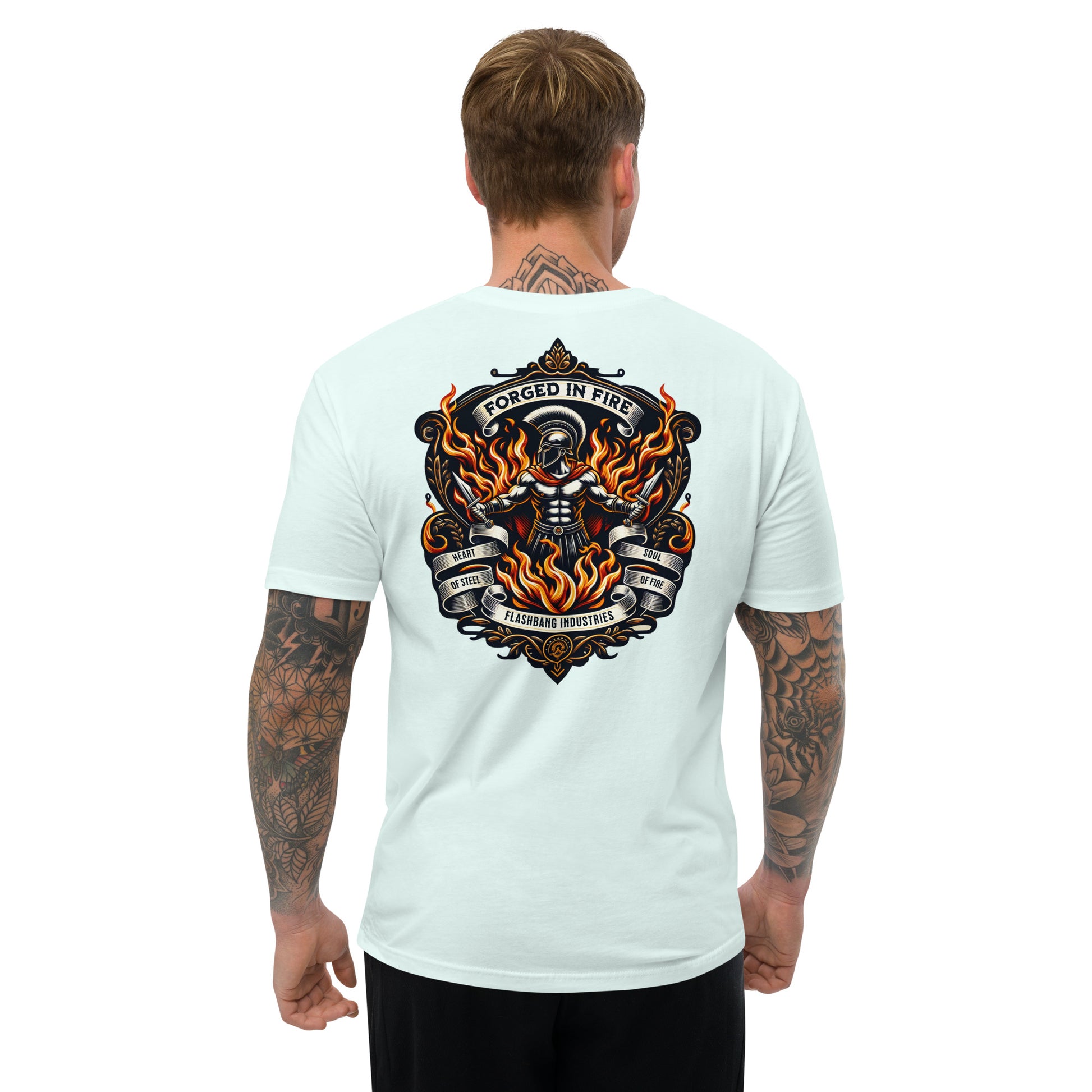 Forged in Fire Lite T-shirt featuring Spartan graphic, ideal for firefighters and those who embody strength and courage - Back View - Light Blue - Model Guy