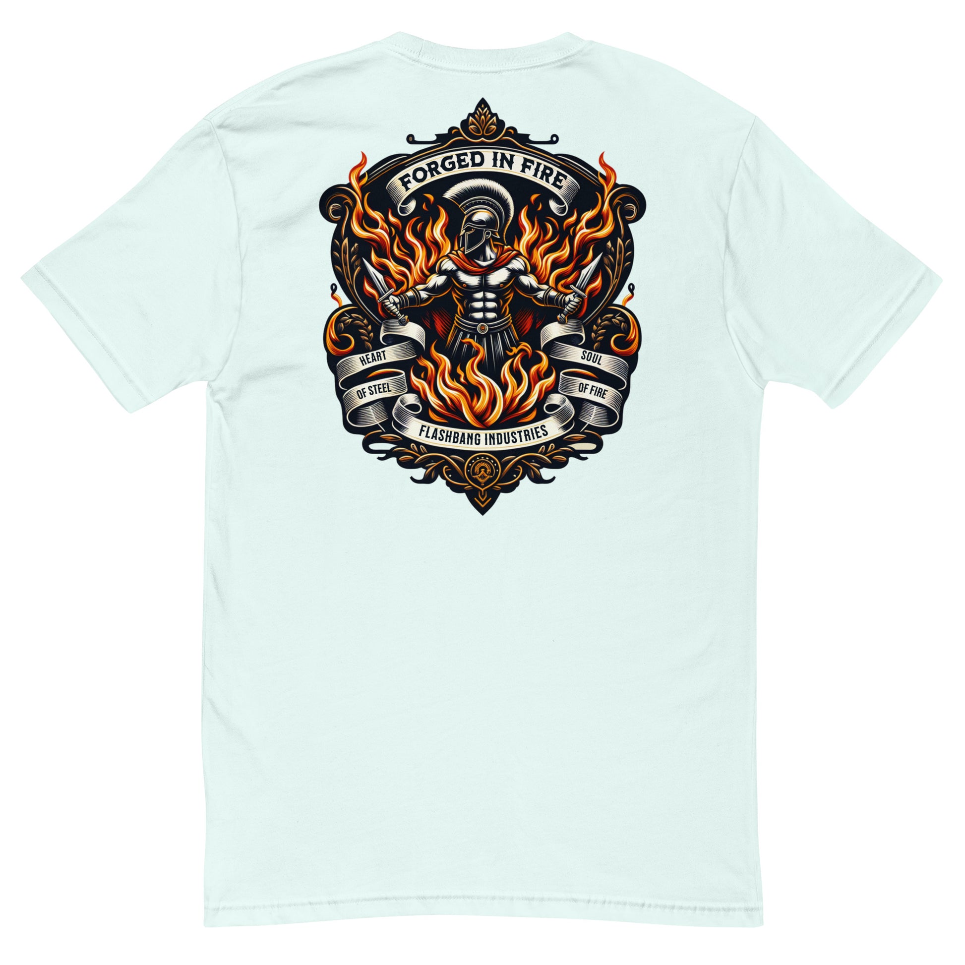 Forged in Fire Lite T-shirt featuring Spartan graphic, ideal for firefighters and those who embody strength and courage - Back View - Light Blue