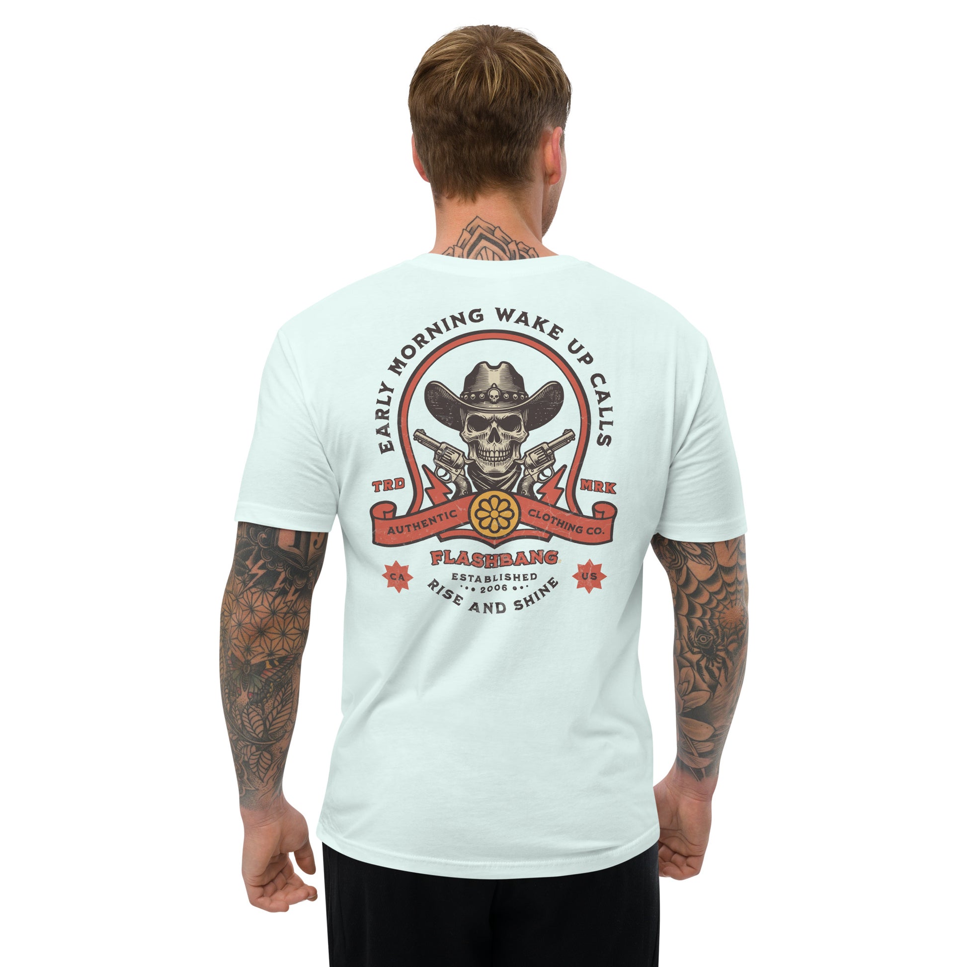 Wake Up Call Lite T-shirt featuring cowboy skull graphic with guns, western style t-shirt - Back View  - Light Blue - Model Guy