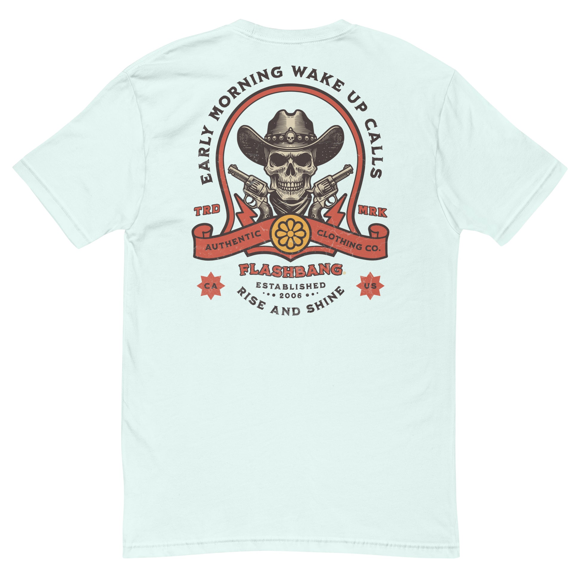 Wake Up Call Lite T-shirt featuring cowboy skull graphic with guns, western style t-shirt - Back View  - Light Blue