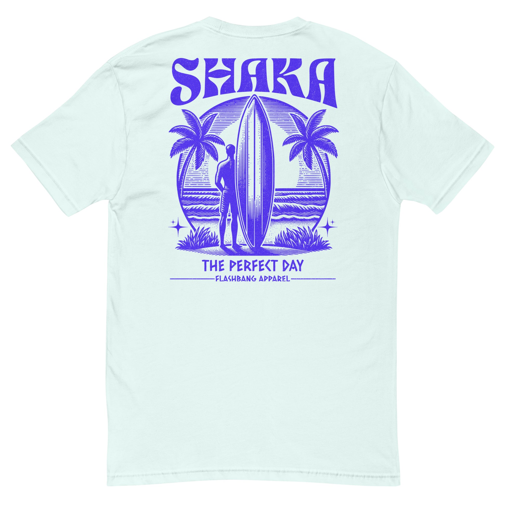 Light blue t-shirt with purple 'Shaka' and beach graphic on the back, on a white background