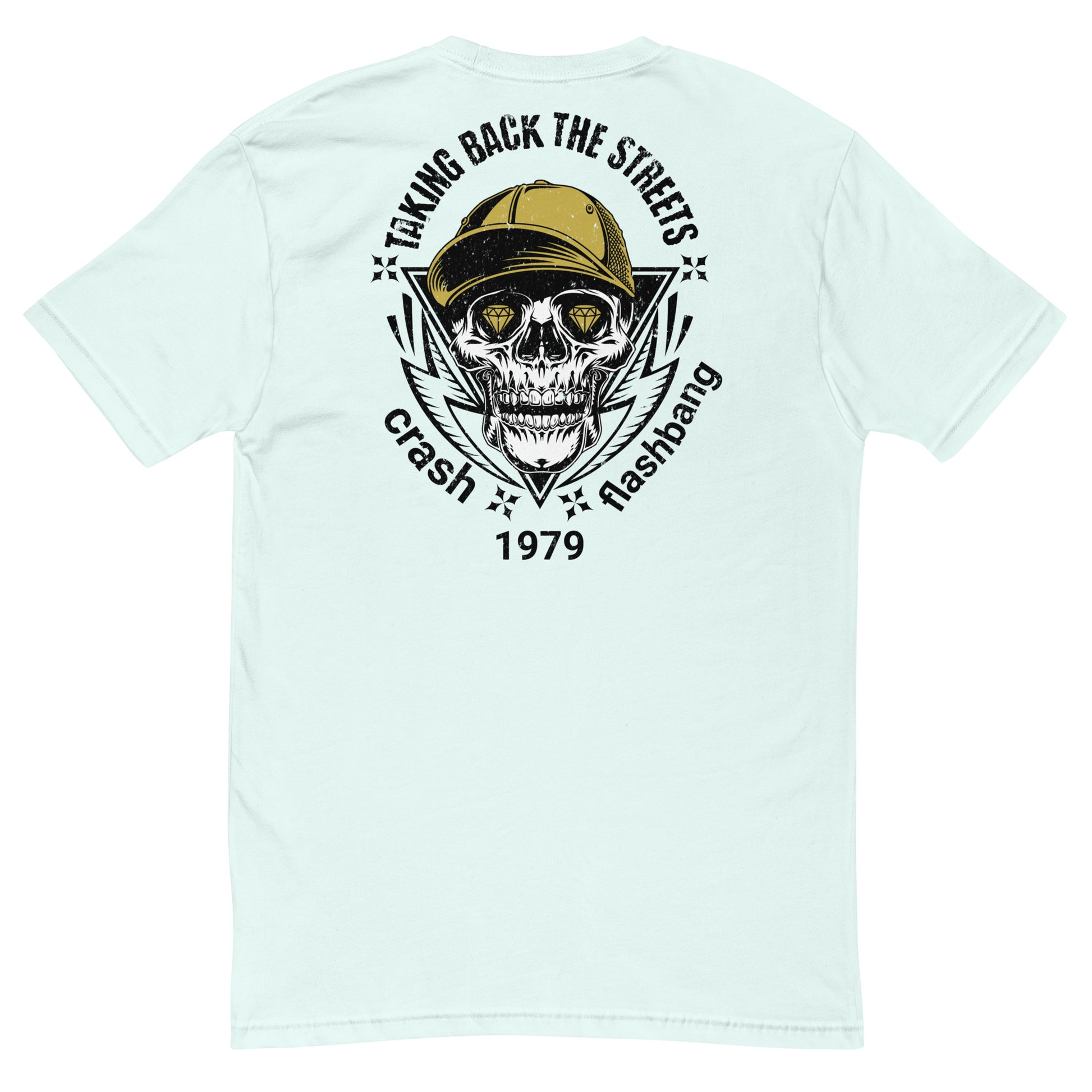 Light blue t-shirt with a skull wearing a cap graphic and text on the back