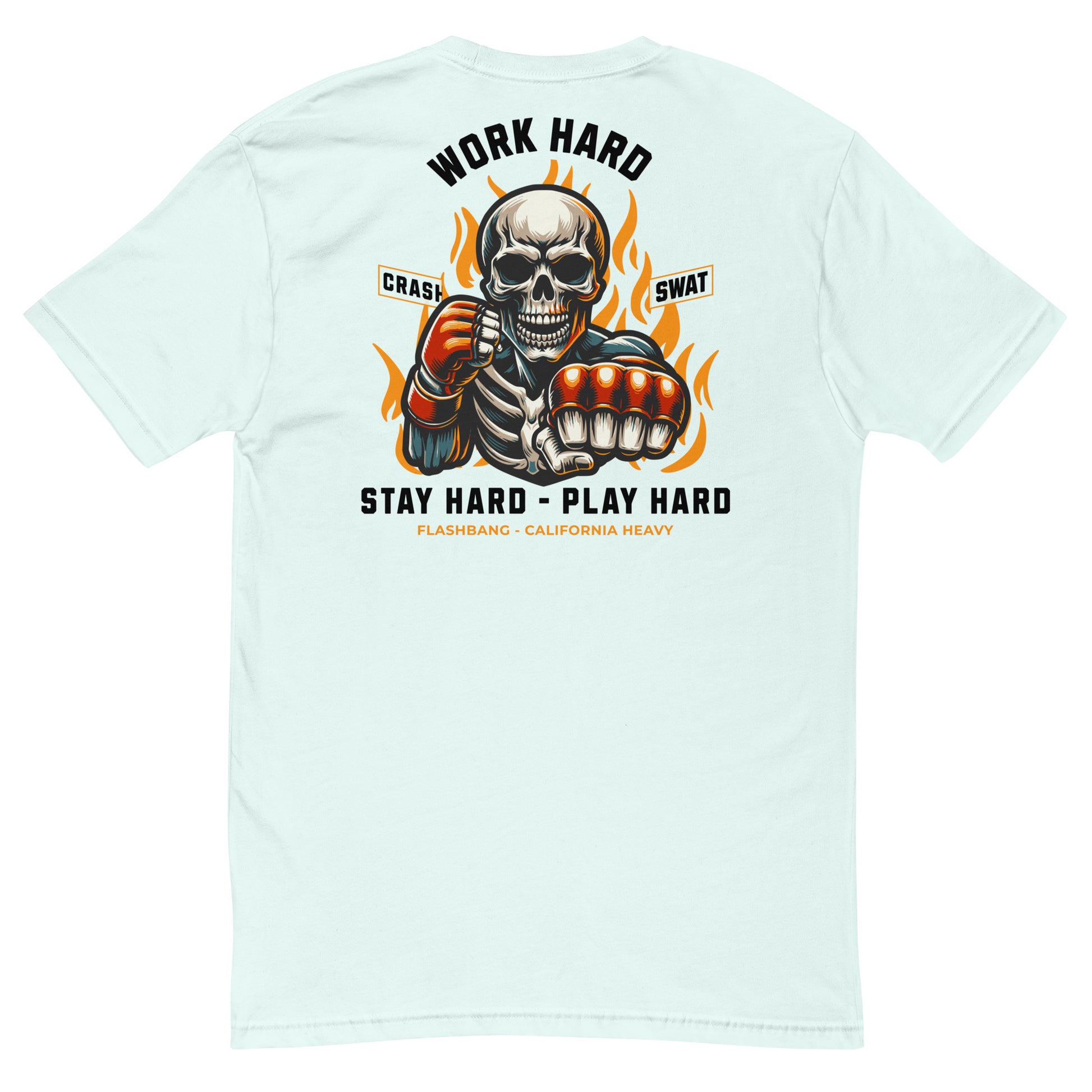 Light blue t-shirt with a graphic design of a skull wearing boxing gloves and text on the back.