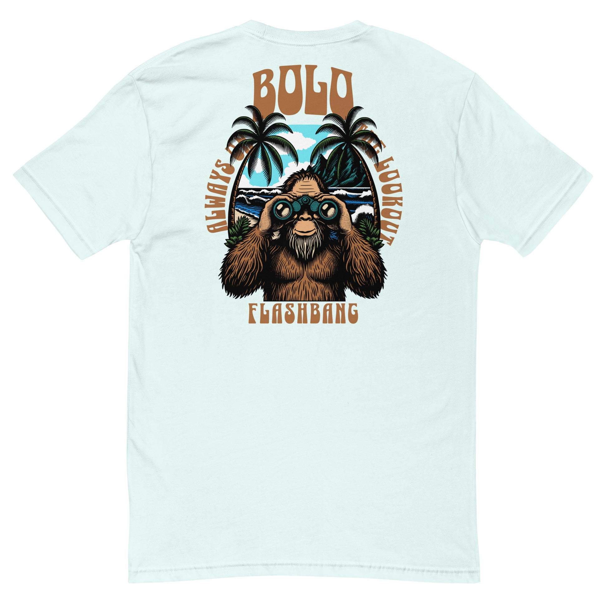 Light blue t-shirt with a graphic of a bear holding binoculars and palm trees, with 'Bolo Flashbang' text.