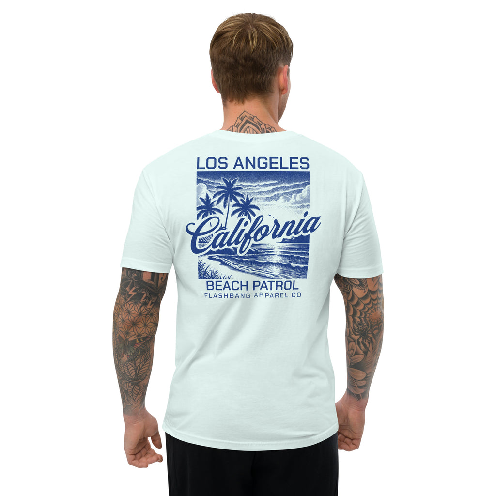 Light blue t-shirt with 'Los Angeles California Beach Patrol' design on a white background